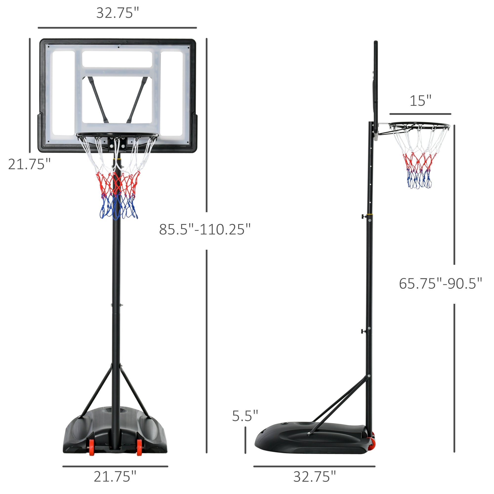 Soozier Basketball Hoop Outdoor, Portable Basketball Goal, 5.5FT-7.5FT Height Adjustable with 33'' Backboard and Wheels for Kids Junior Adults Use