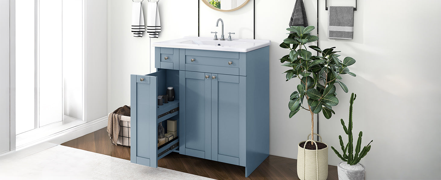 30-Inch Blue Bathroom Vanity with Ceramic Sink Combo, Abundant Storage Cabinet - 2 Soft close Doors and Double-tier Deep Drawer