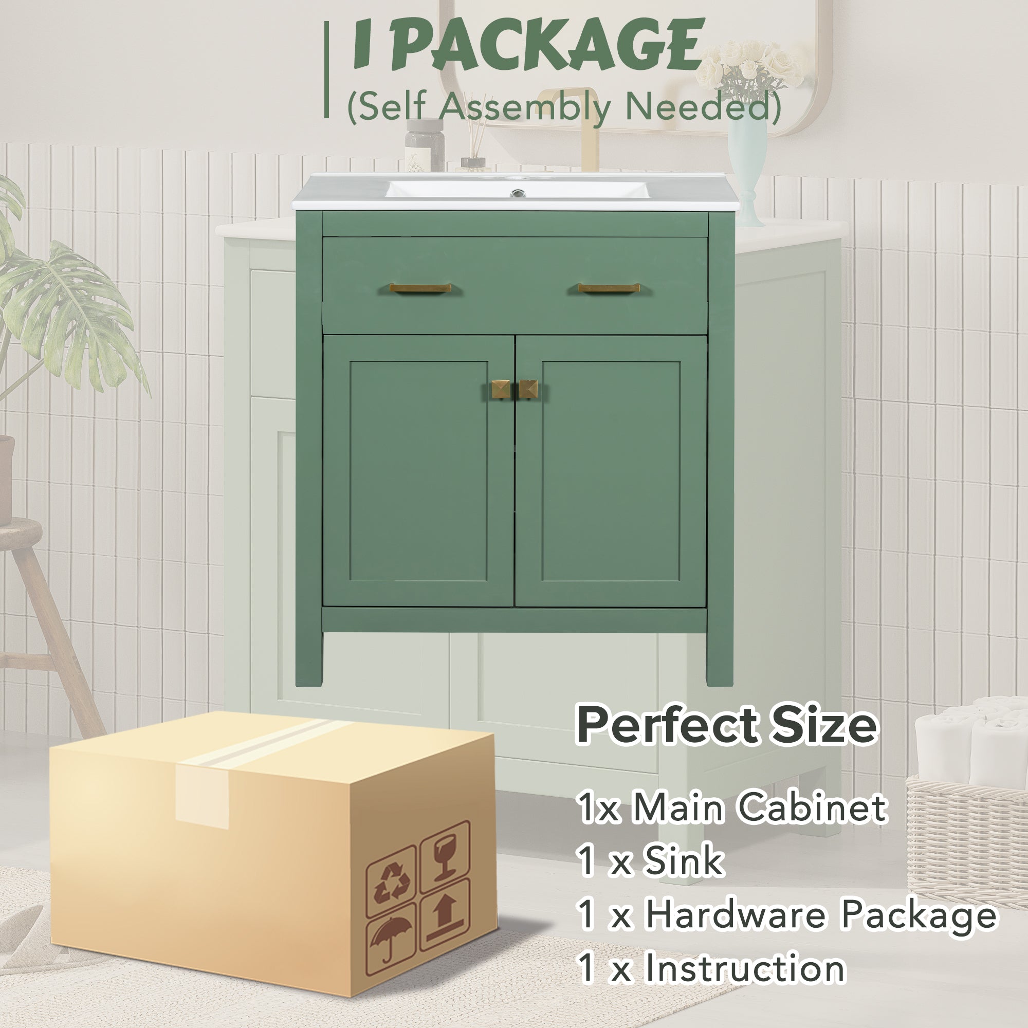 30-inch Bathroom Vanity with Ceramic Sink, Modern Green Single Bathroom Cabinet with 2 Doors and a Shelf, Soft Close Doors