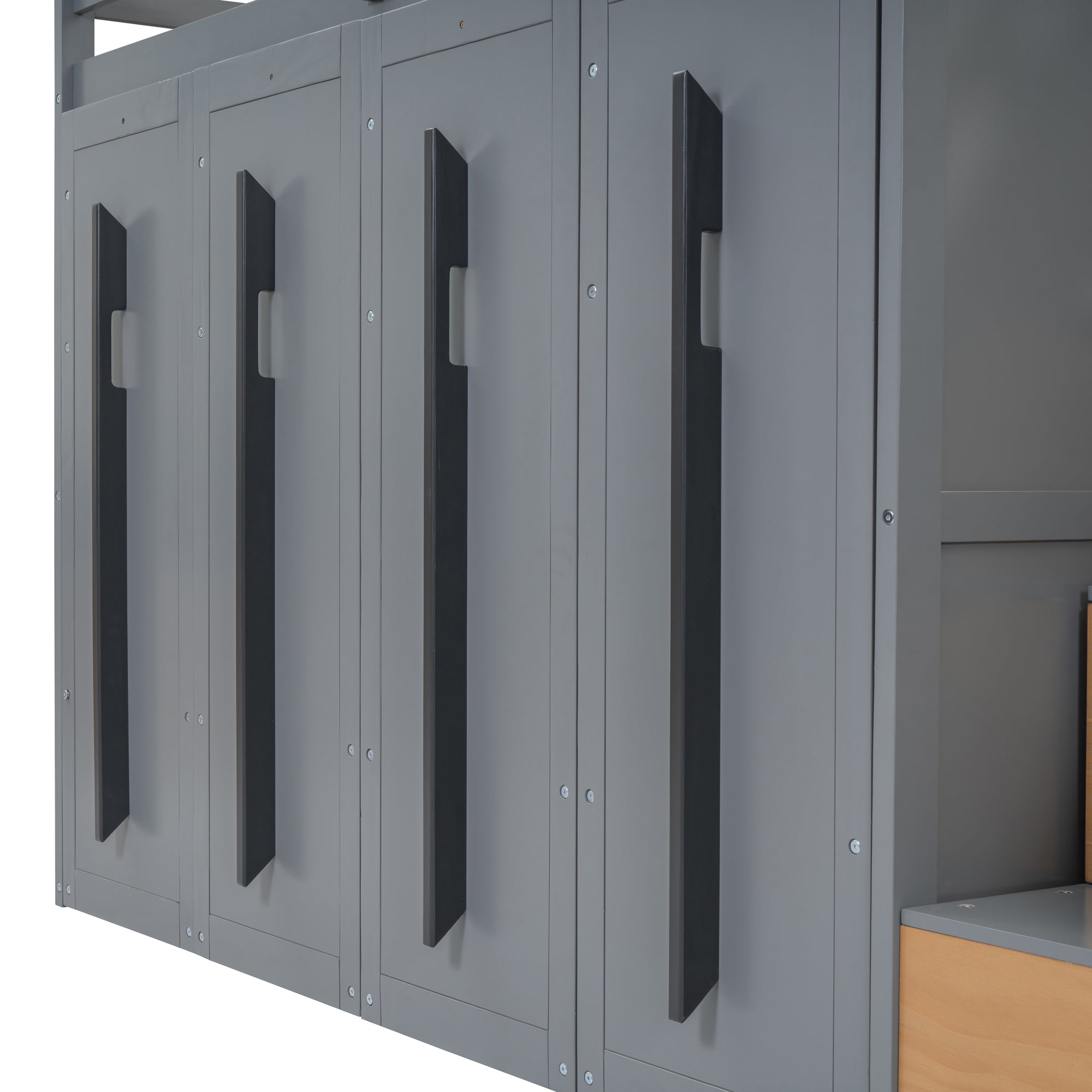 Modern Loft Bed with Two-Tone Storage Stairs and Pull-Out Wardrobes, Gray