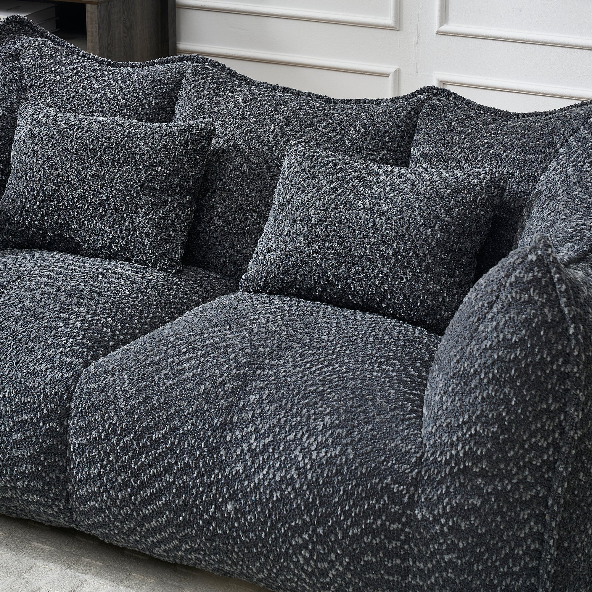 Square bean bag recliner sofa, two-seat foam seating, angled view