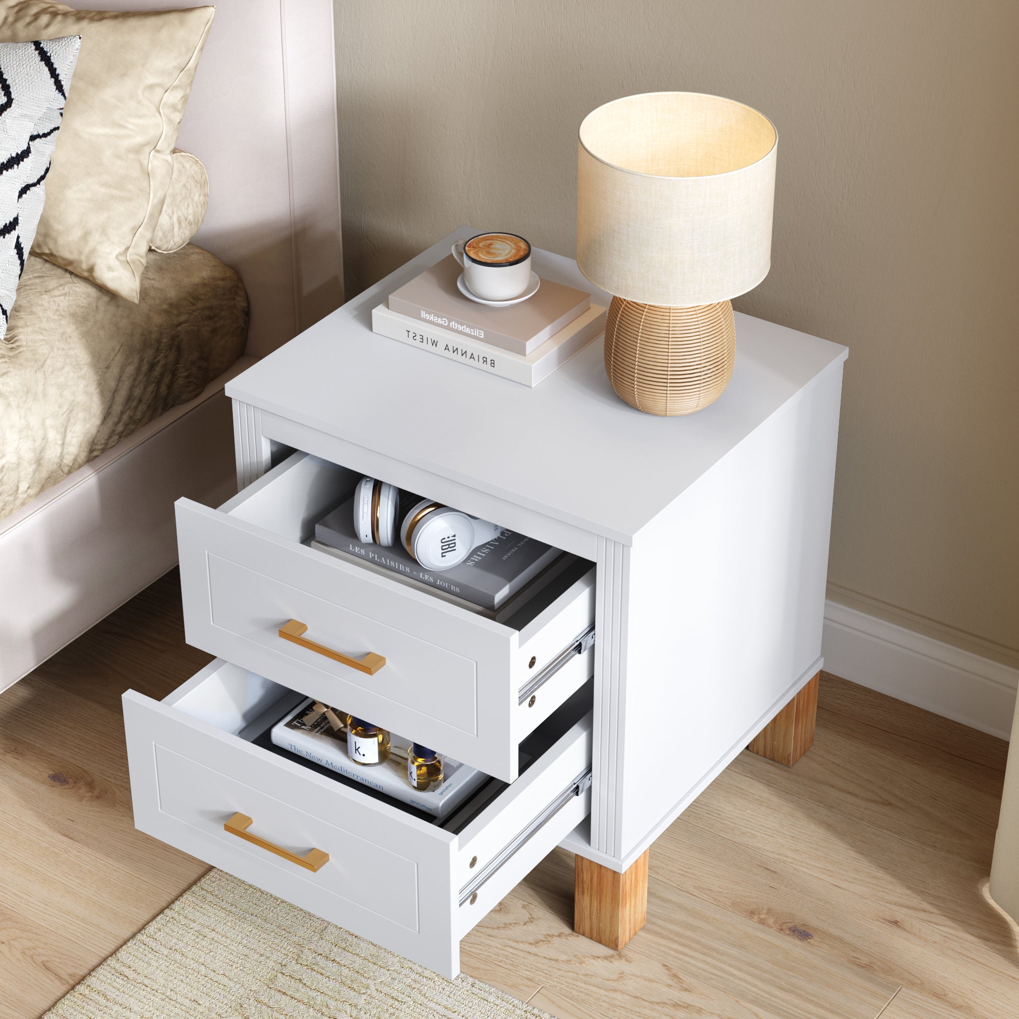 White 2-drawer fluted wood nightstand, front view