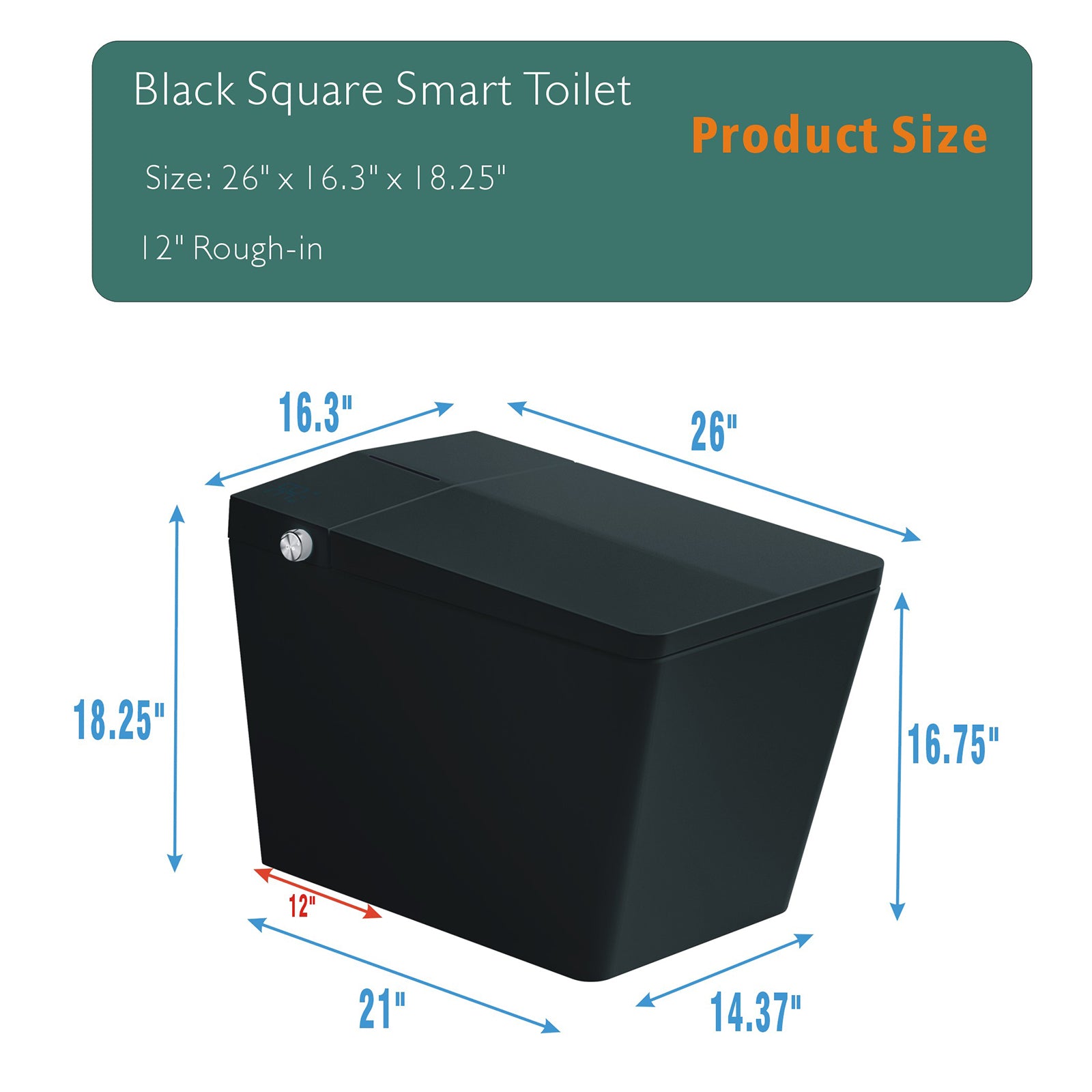 Black Square Smart Toilet with Built-in Tank for Bathroom, Remote Control, Tankless Bidet Toilet with Foot Touching Lid Opening, Auto Flush, Heated Seat, LED Digital Display, User Memory, Matte Black