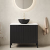 30 inch black freestanding bathroom vanity with Carrara white countertop, front view