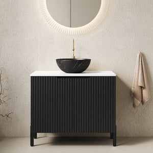 30 inch black freestanding bathroom vanity with Carrara white countertop, front view