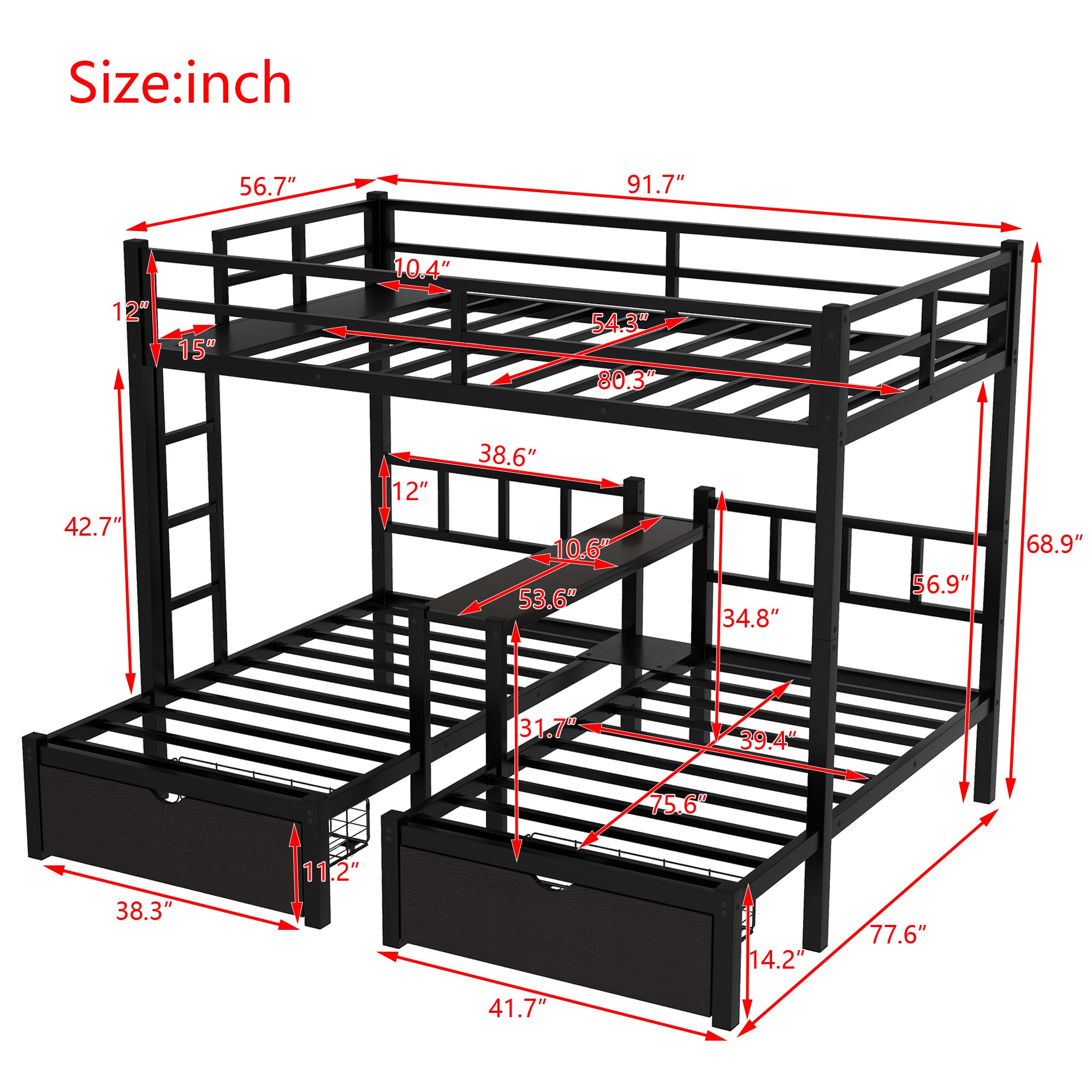 FULL XL Over Twin & Twin Triple Bunk Bed with Drawers, Multi-functional Metal Frame Bed with desks and shelves in the middle, Black