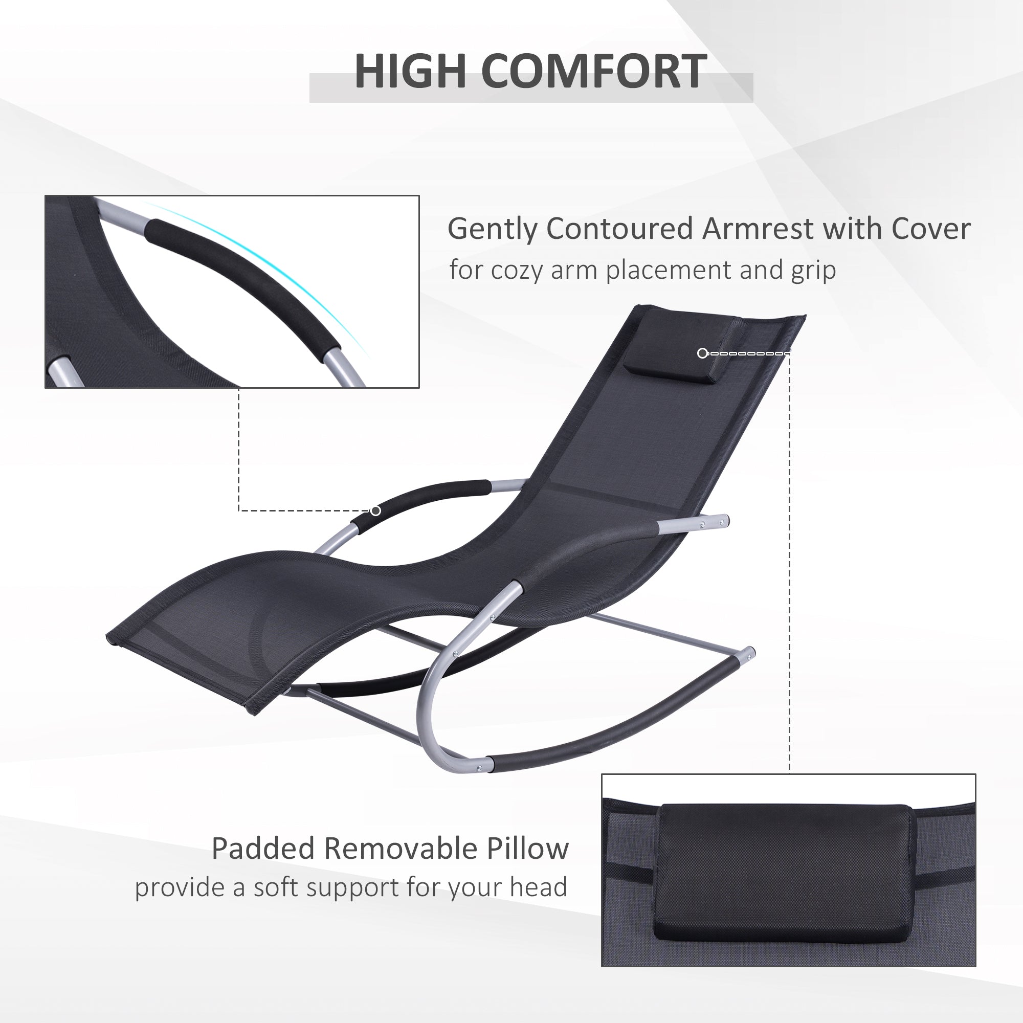 Outsunny Zero Gravity Rocking Chair Outdoor Chaise Lounge Chair Recliner Rocker with Detachable Pillow and Durable Weather-Fighting Fabric for Patio, Deck, Pool, Black