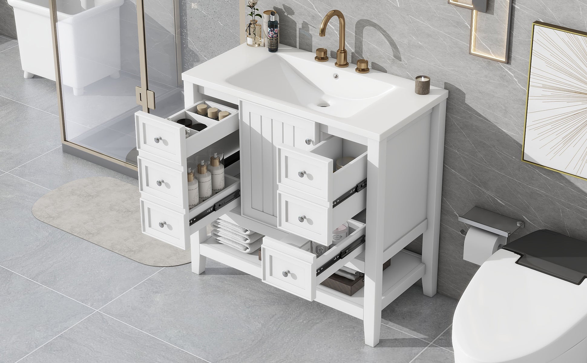 36" Bathroom Vanity with Sink Combo, One Cabinet and Three Drawers, Solid Wood and MDF Board, White