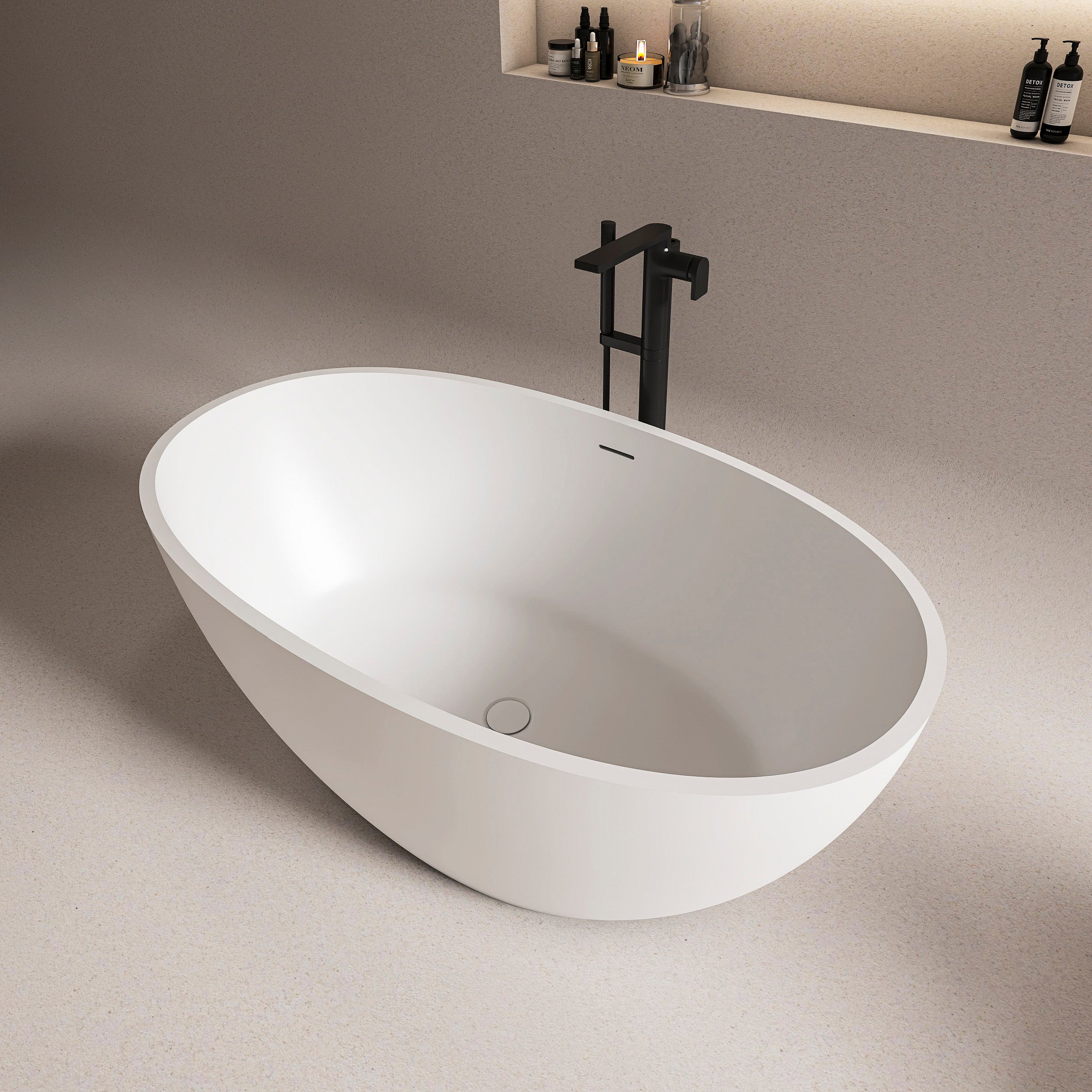 55-inch freestanding solid surface soaking bathtub, drain and overflow detail