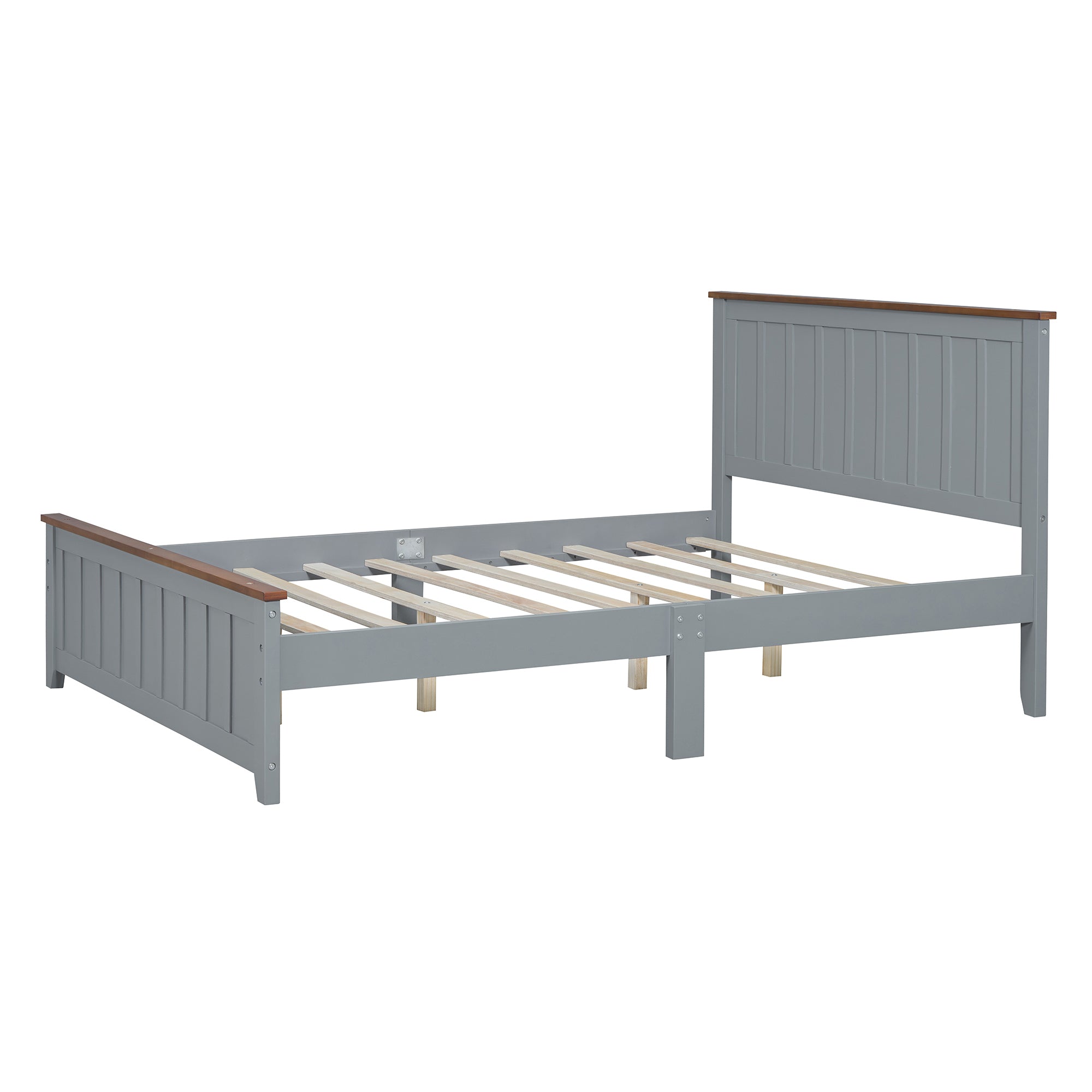 Full Size Wood Platform Bed Wooden Slat Support, Vintage Simple Bed Frame with Rectangular Headboard and Footboard, Grey