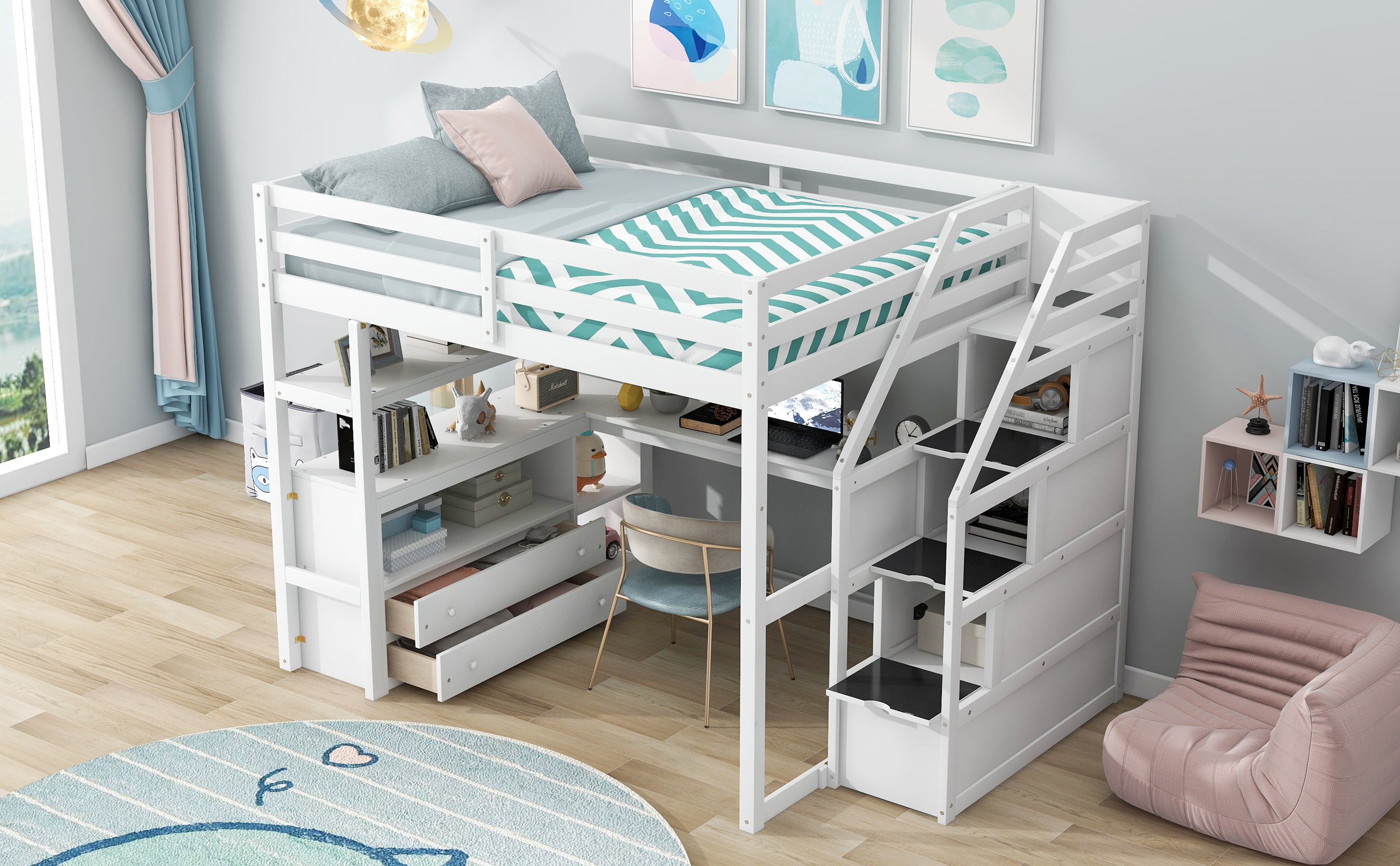 Full Size Loft Bed with Desk and Shelves, Two Built-in Drawers, Storage Staircase, White