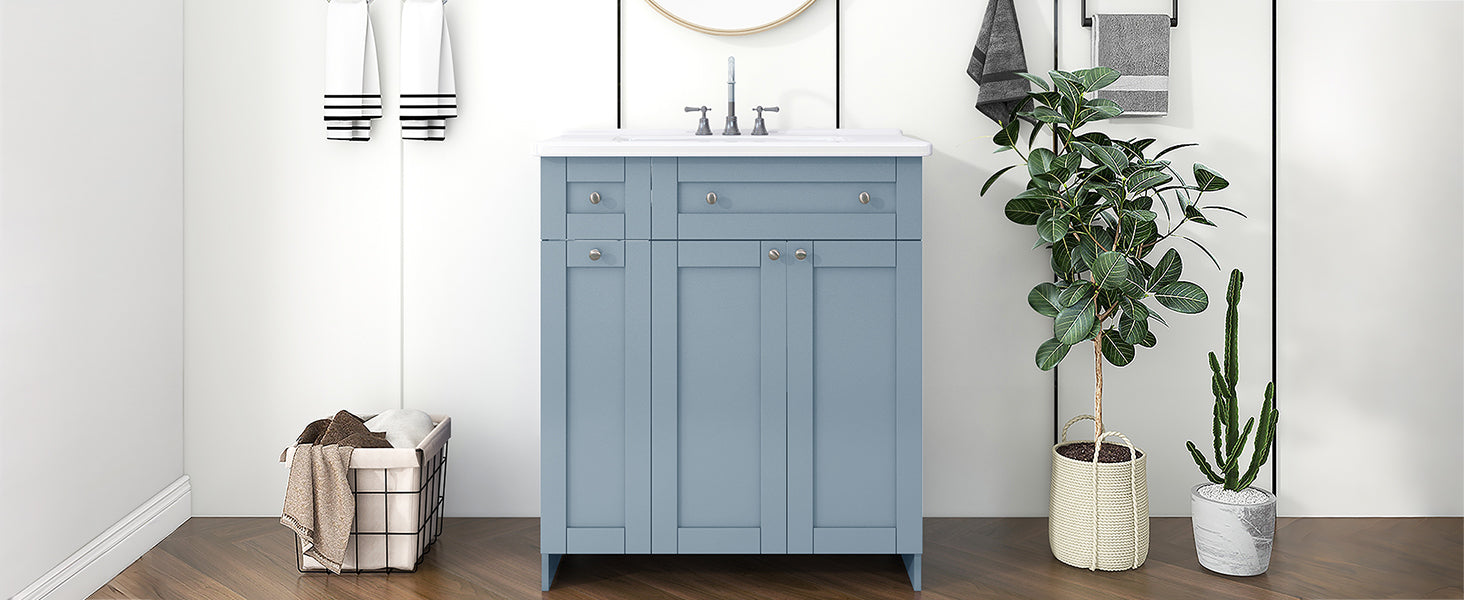 30-Inch Blue Bathroom Vanity with Ceramic Sink Combo, Abundant Storage Cabinet - 2 Soft close Doors and Double-tier Deep Drawer