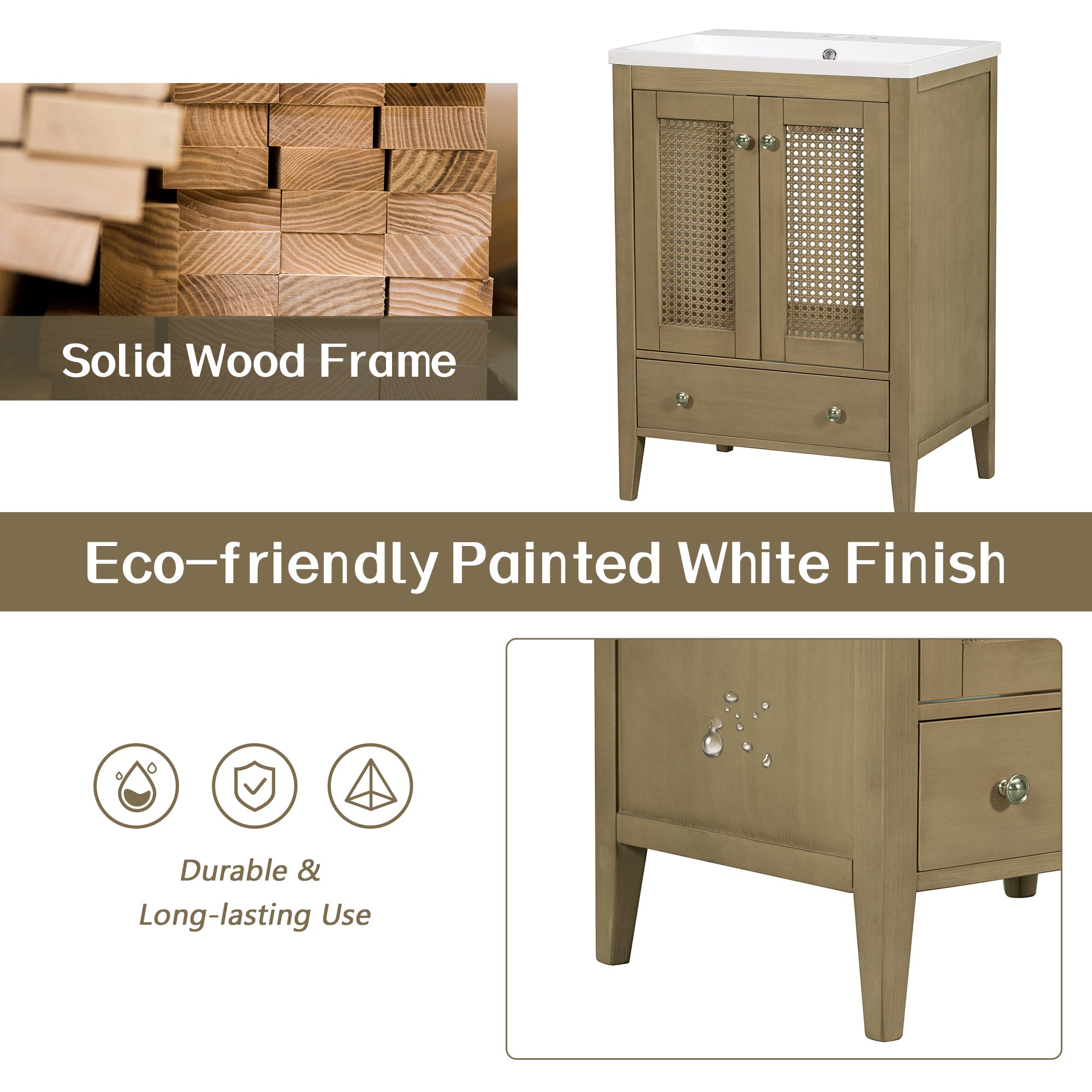 24" Bathroom Vanity without Sink, Base Only, Rattan Cabinet with Doors and Drawer, Solid Frame and MDF Board, Natural