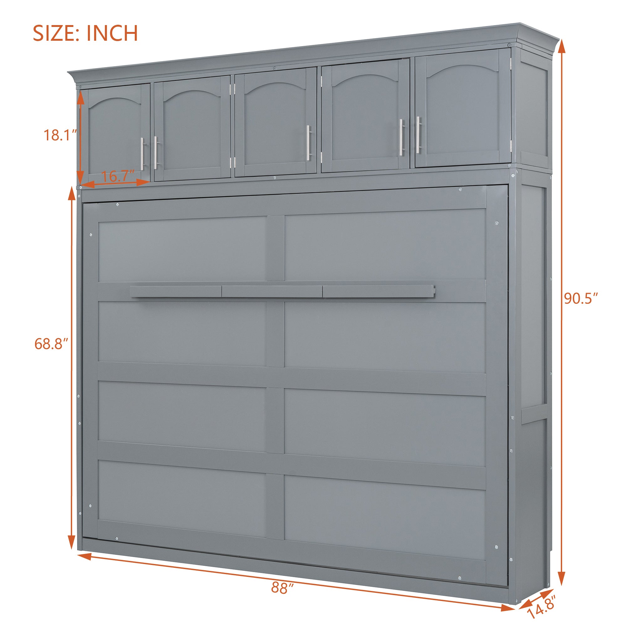 Queen Size Murphy Bed Wall Bed with Top Cabinets,Gray