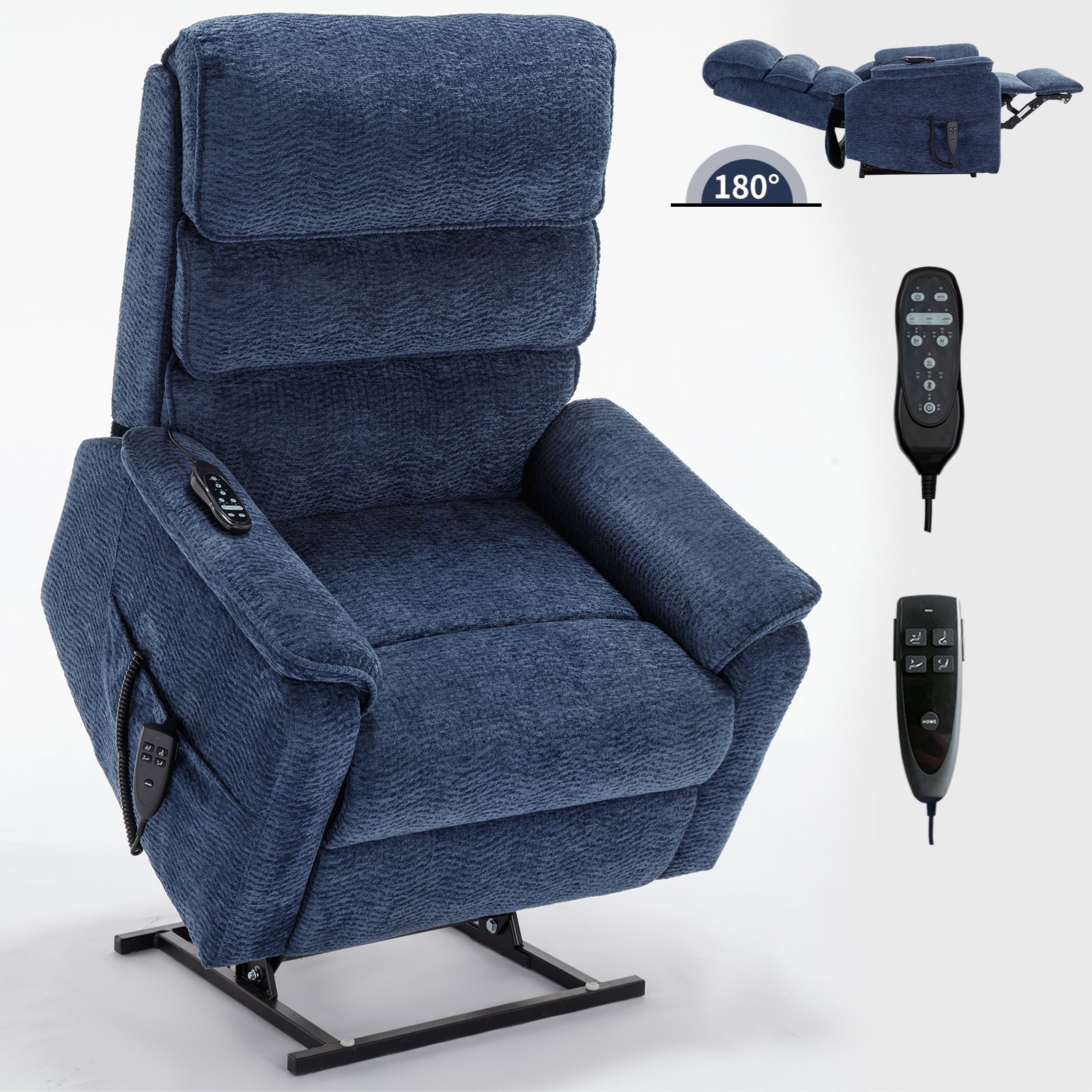 Blue Chenille Dual Motor Infinite Position Up to 350 LBS Power Lift Recliner Chair with Power-Remote, Heat Massage and Heavy Duty Motion Mechanism