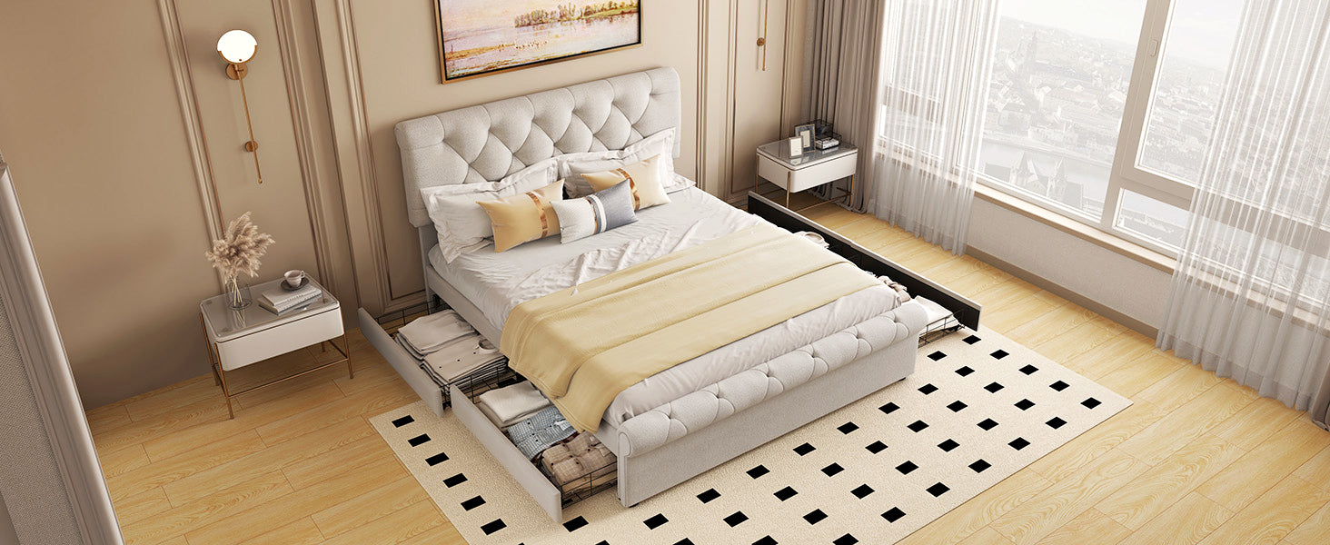 Full size Upholstered Platform bed with Four Drawers, Antique Curved Headboard, Linen Fabric, Beige (without mattress)