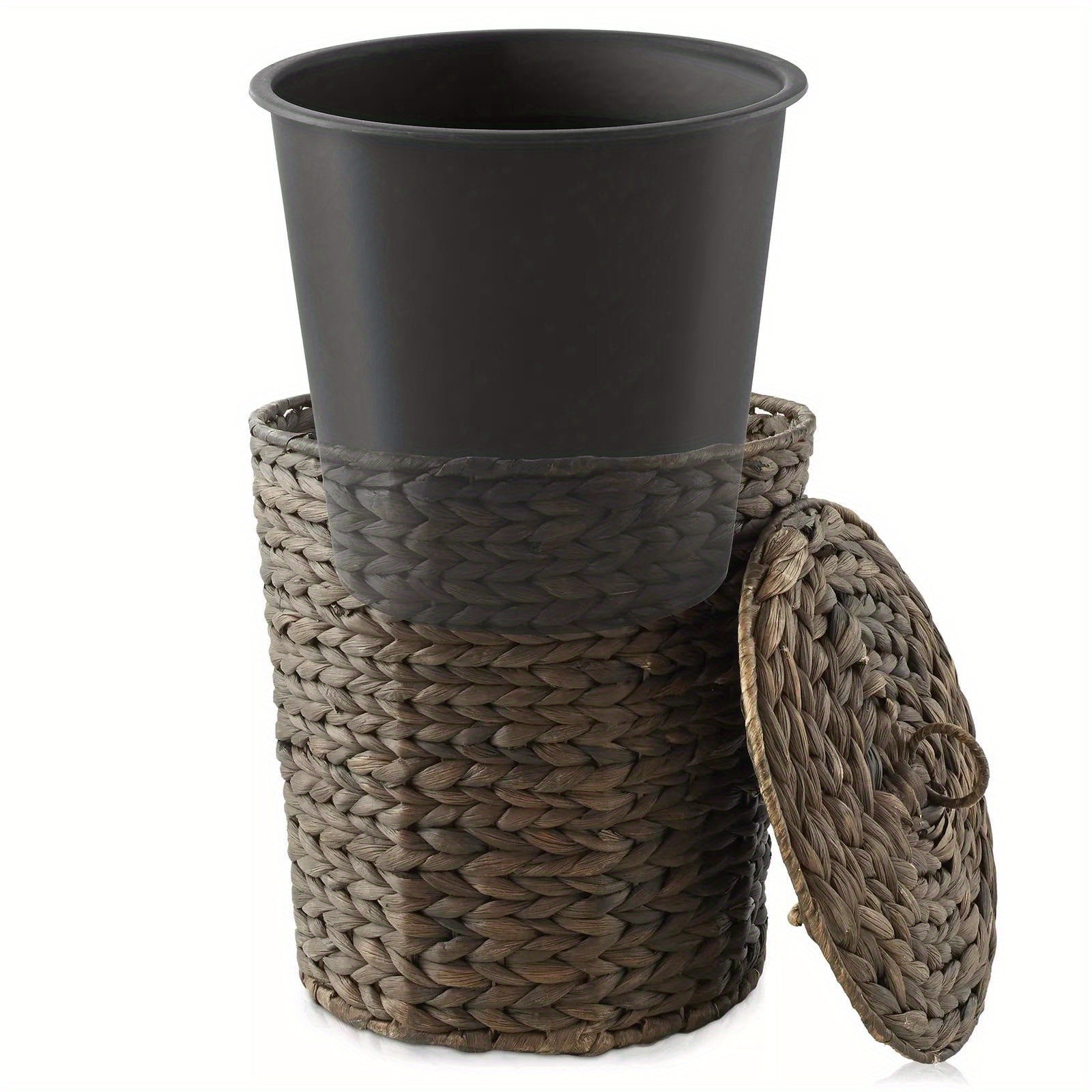 Bathroom Trash Can with Lid, Small Woven Hyacinth Wicker Waste Basket