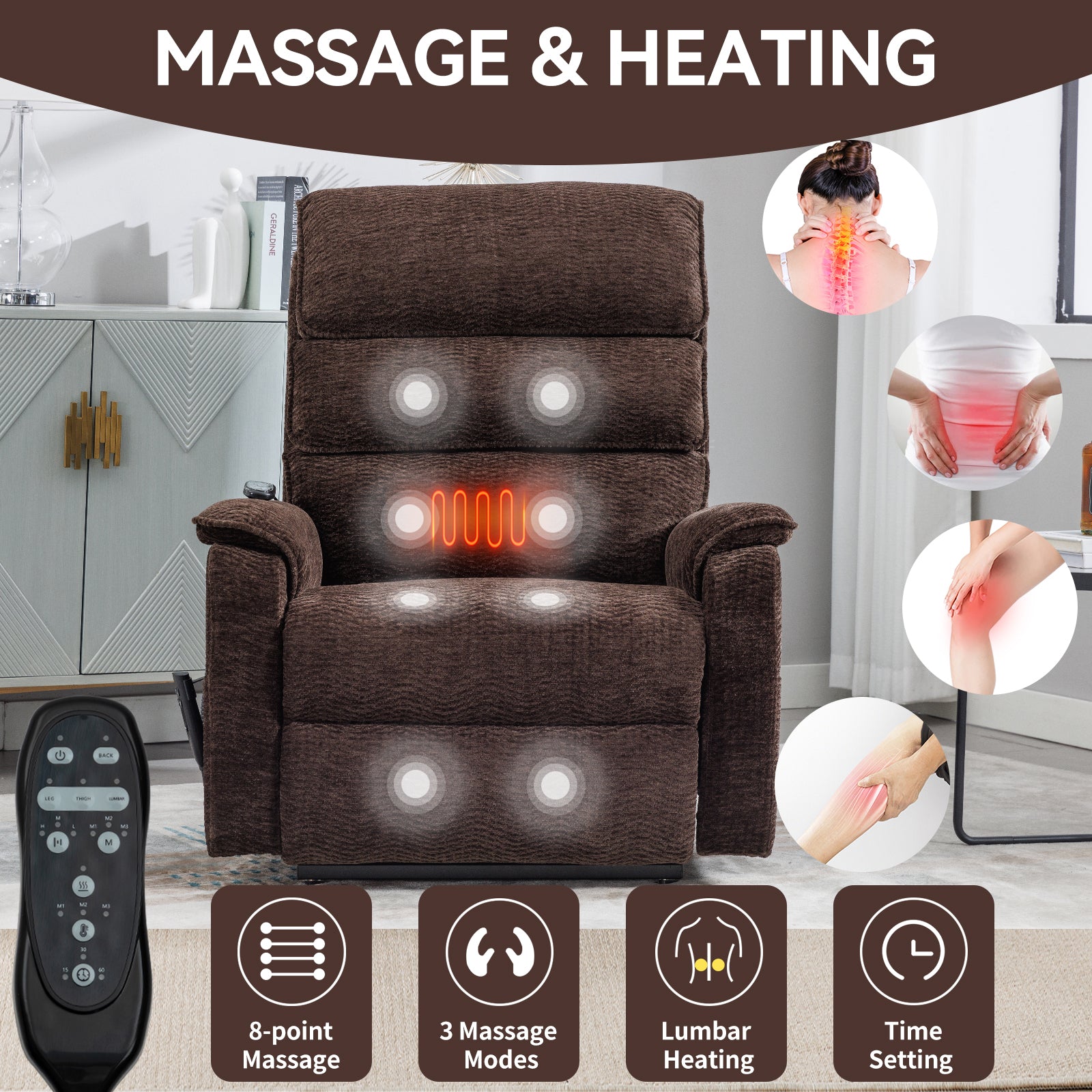 Brown Chenille Dual Motor Infinite Position Up to 350 LBS Power Lift Recliner Chair with Power-Remote, Heat Massage and Heavy Duty Motion Mechanism