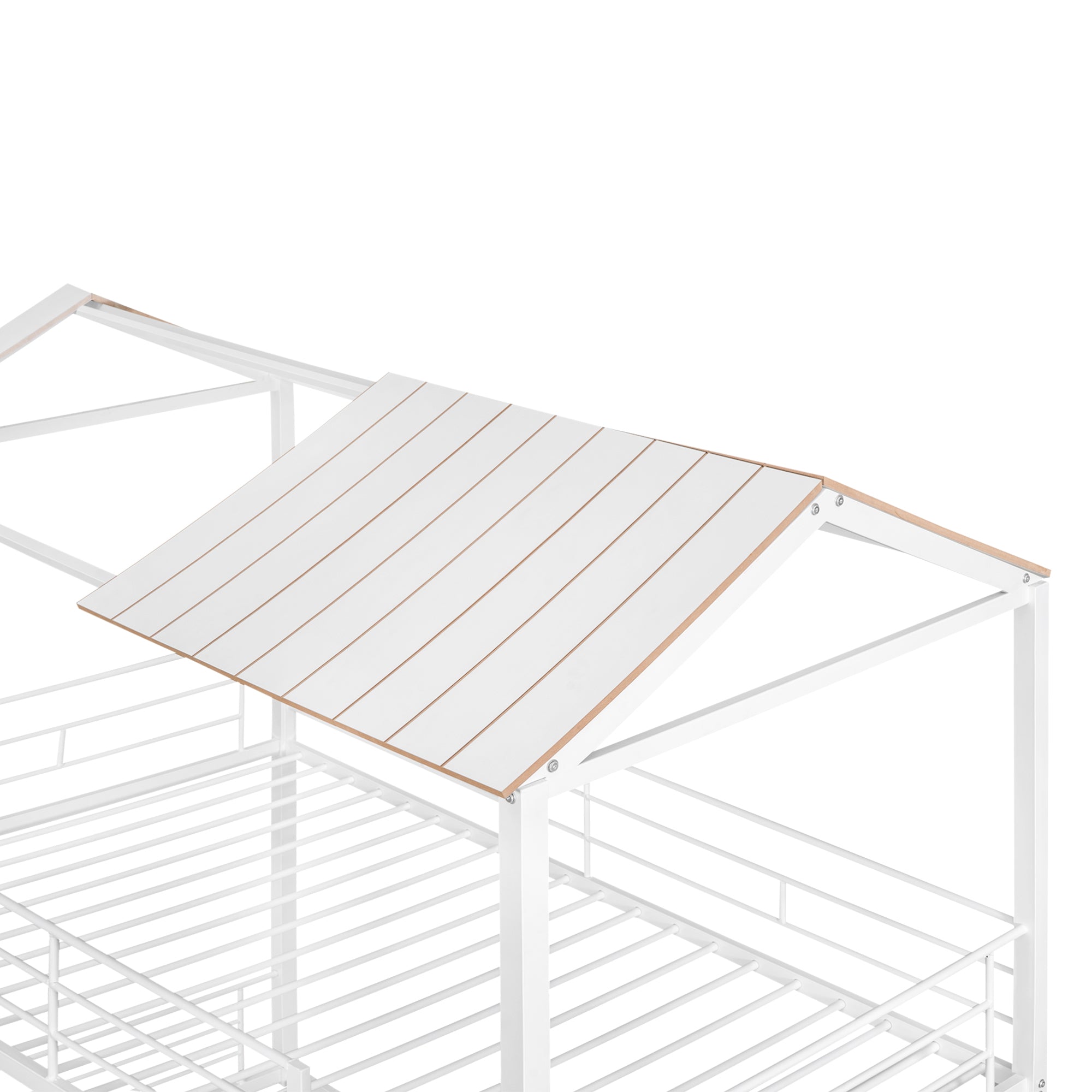 Twin Over Twin Bunk Bed Metal Bed with Half Roof, Guardrail and Ladder White