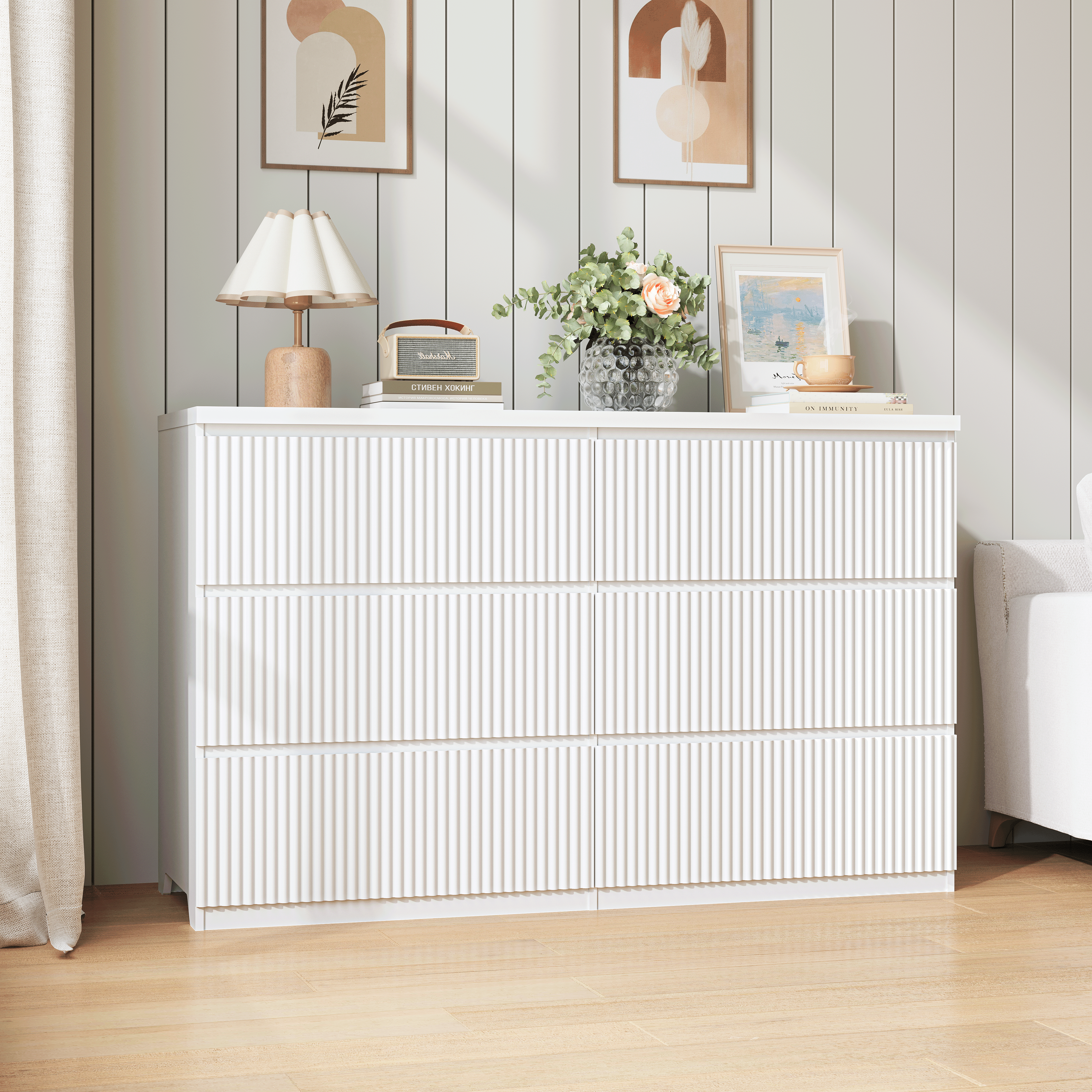 White wave panel dresser, side profile view