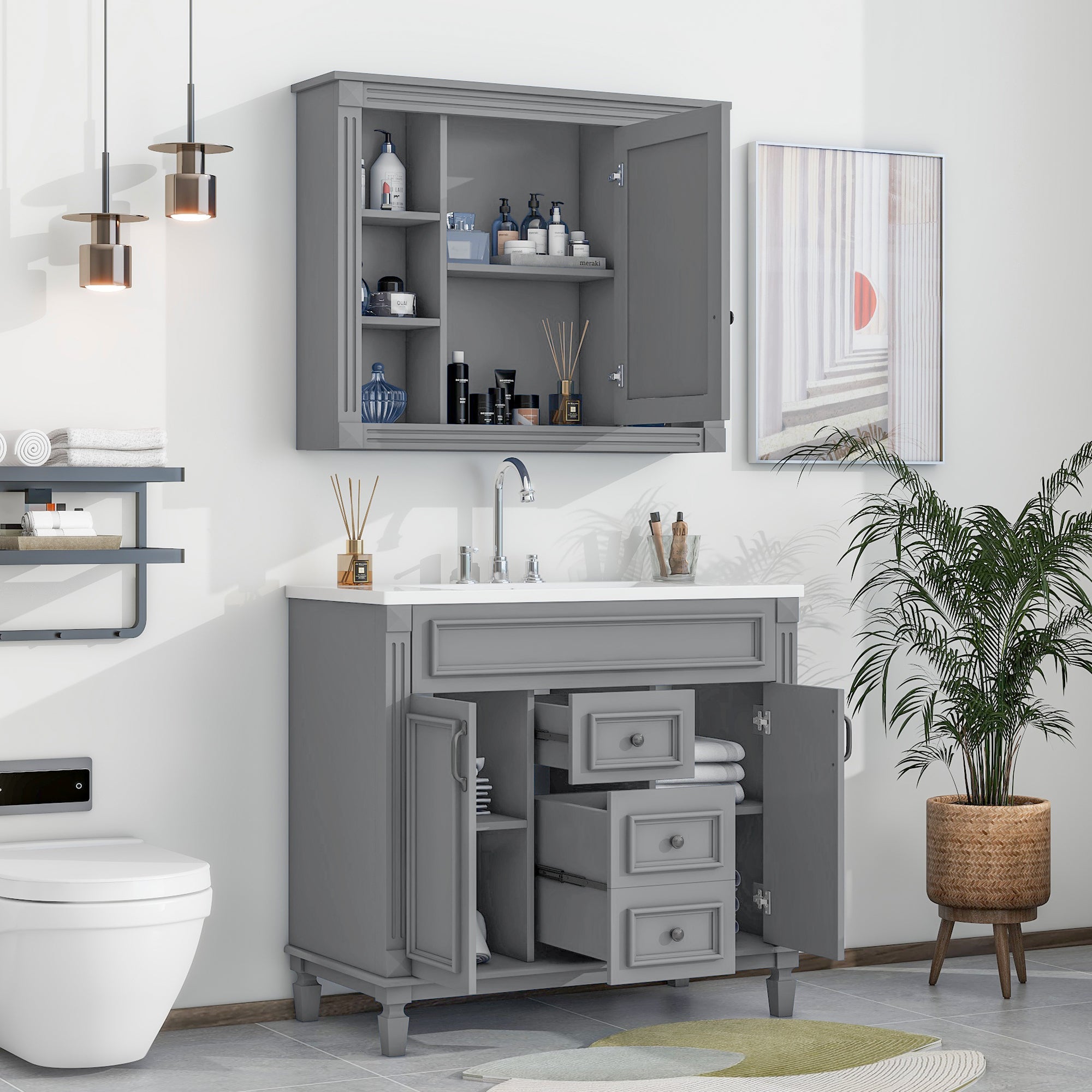 36'' Bathroom Vanity with Top Sink, Grey Mirror Cabinet, Modern Bathroom Storage Cabinet with 2 Soft Closing Doors and 2 Drawers, Single Sink Bathroom Vanity