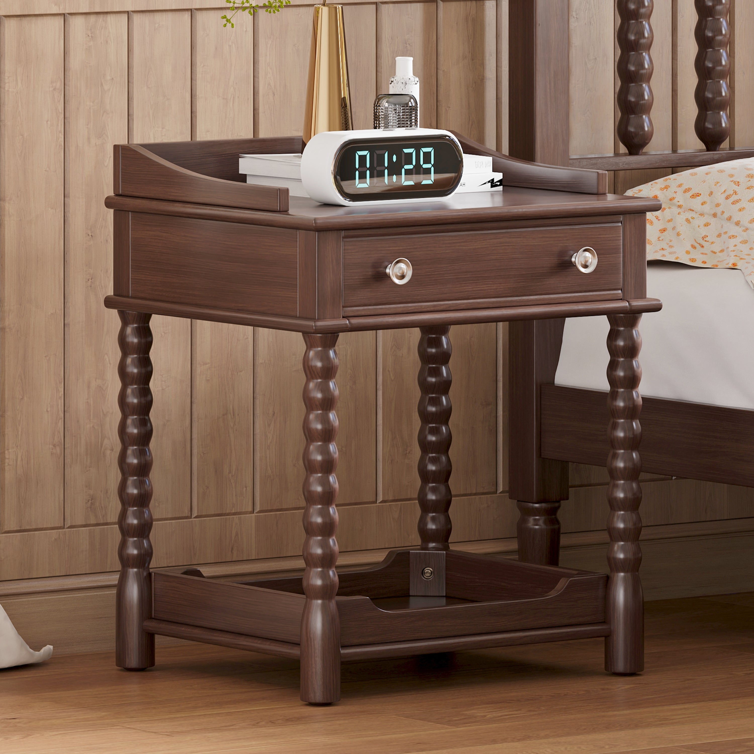 Retro walnut nightstand with drawer and open shelf, front view