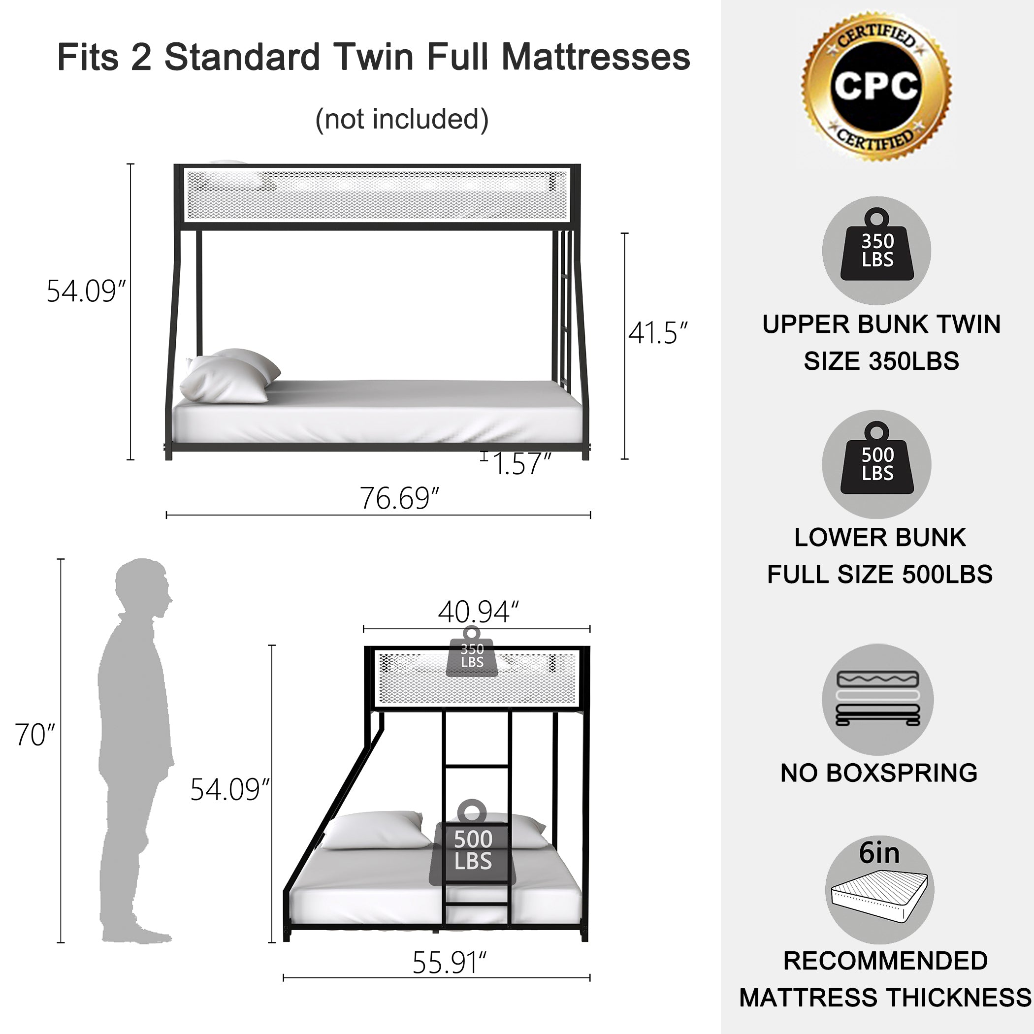 Adam Twin Full Bunk Black with White Mesh Guard Rail for Kids and Adult, Low Profile and Easy Climbing with Stable Ladder