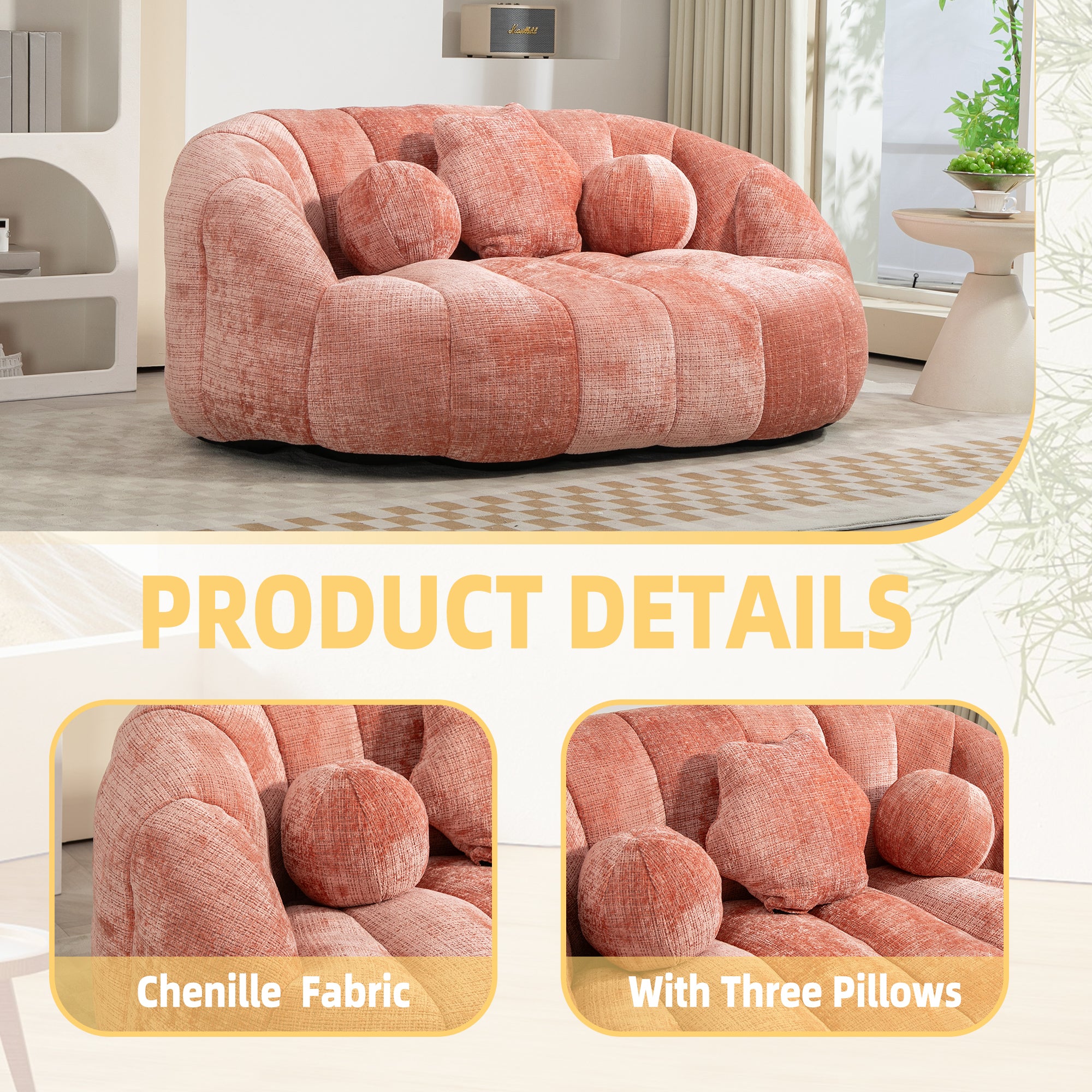 COOLMORE Bean Bag sofa Lazy Sofa Durable Comfort Lounger High Back Bean Bag Chair Couch for Adults and Kids, Indoor & Outdoor, Accent Floor Soft Lounge Chair (Pink chenille)