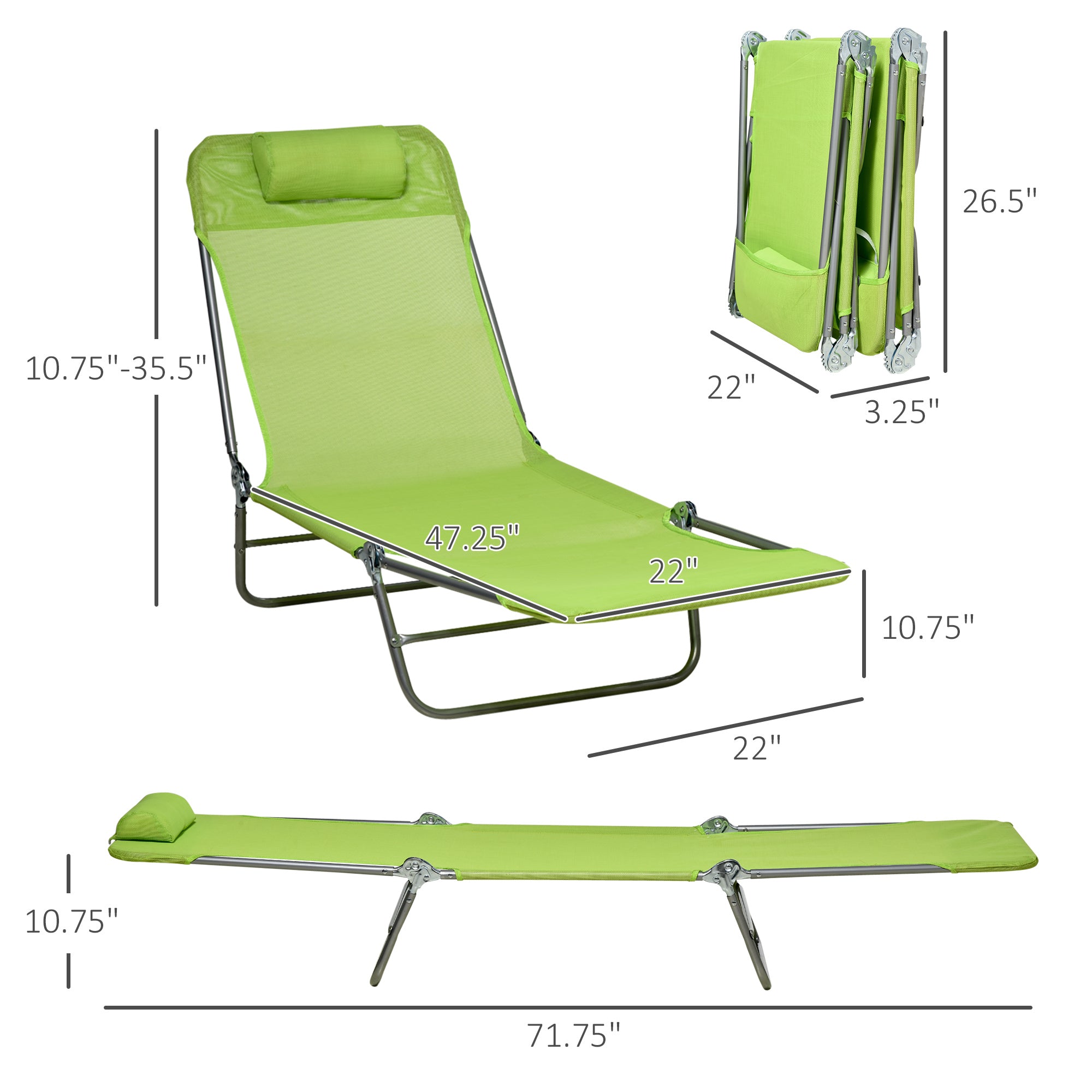 Outsunny 2 Piece Folding Chaise Lounge Chairs, Pool Sun Tanning Chairs, Outdoor Lounge Chairs with 6-Position Reclining Back, Breathable Mesh Seat, Headrest for Beach, Yard, Patio, Green