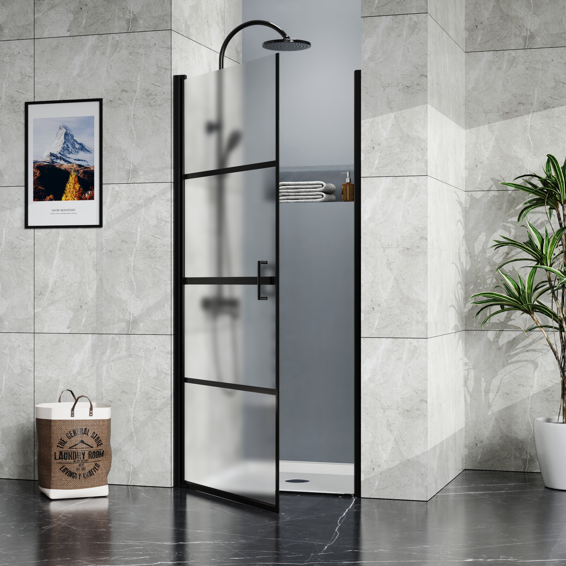 Goodyo Framed Hinged Shower Door, 34"W X 72"H Swing Tempered Glass Door, Black, Frosted