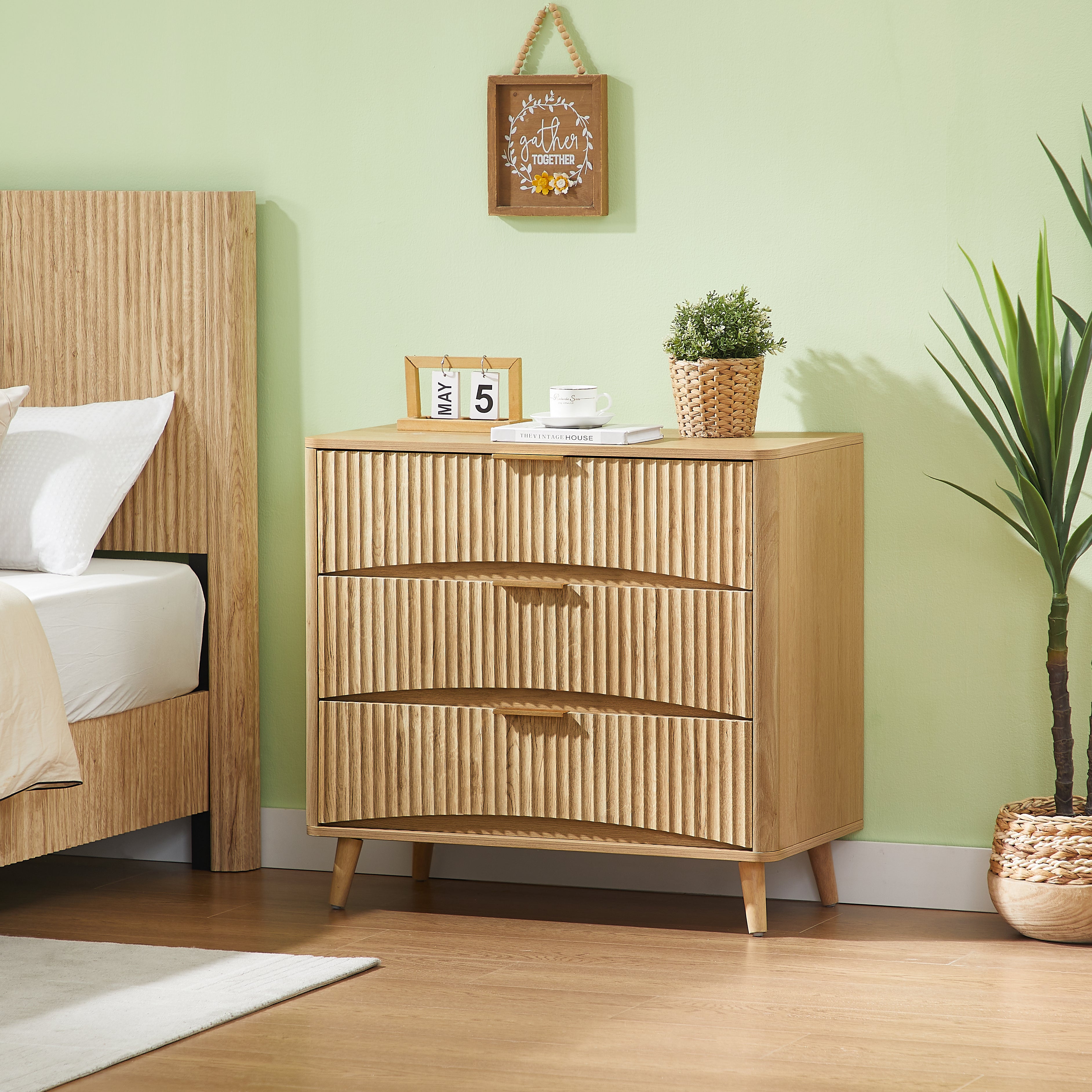 Tall oak 3-drawer chest of drawers with metal handles, side profile