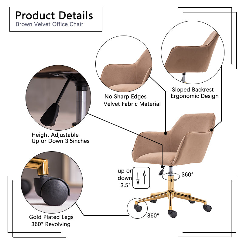 002-Velvet Fabric Adjustable Height 360 revolving Home Office Chair with Gold Metal Legs and Universal Wheels for Indoor,Light Coffee