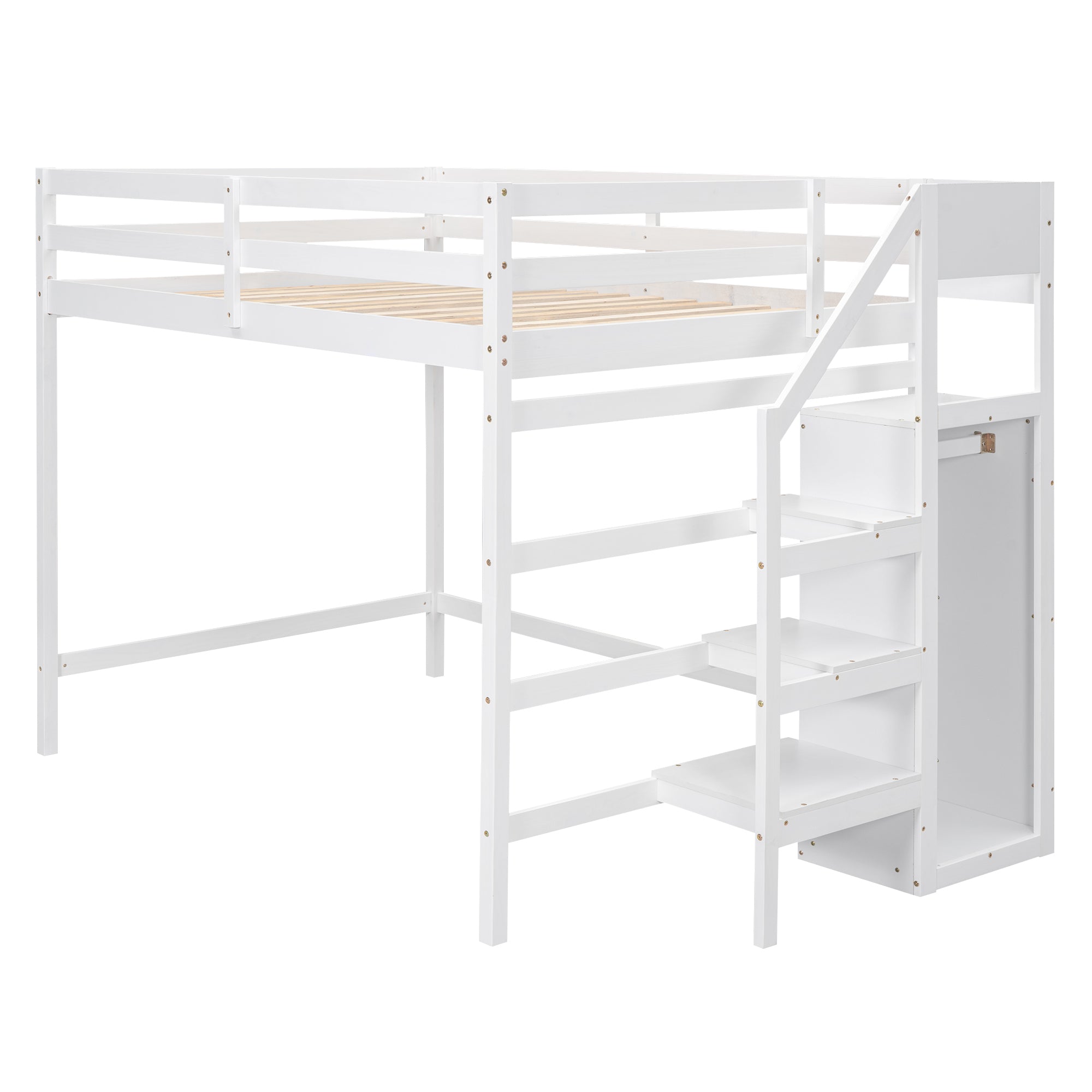 Full Size Loft Bed with Built-in Storage Wardrobe and Staircase, White