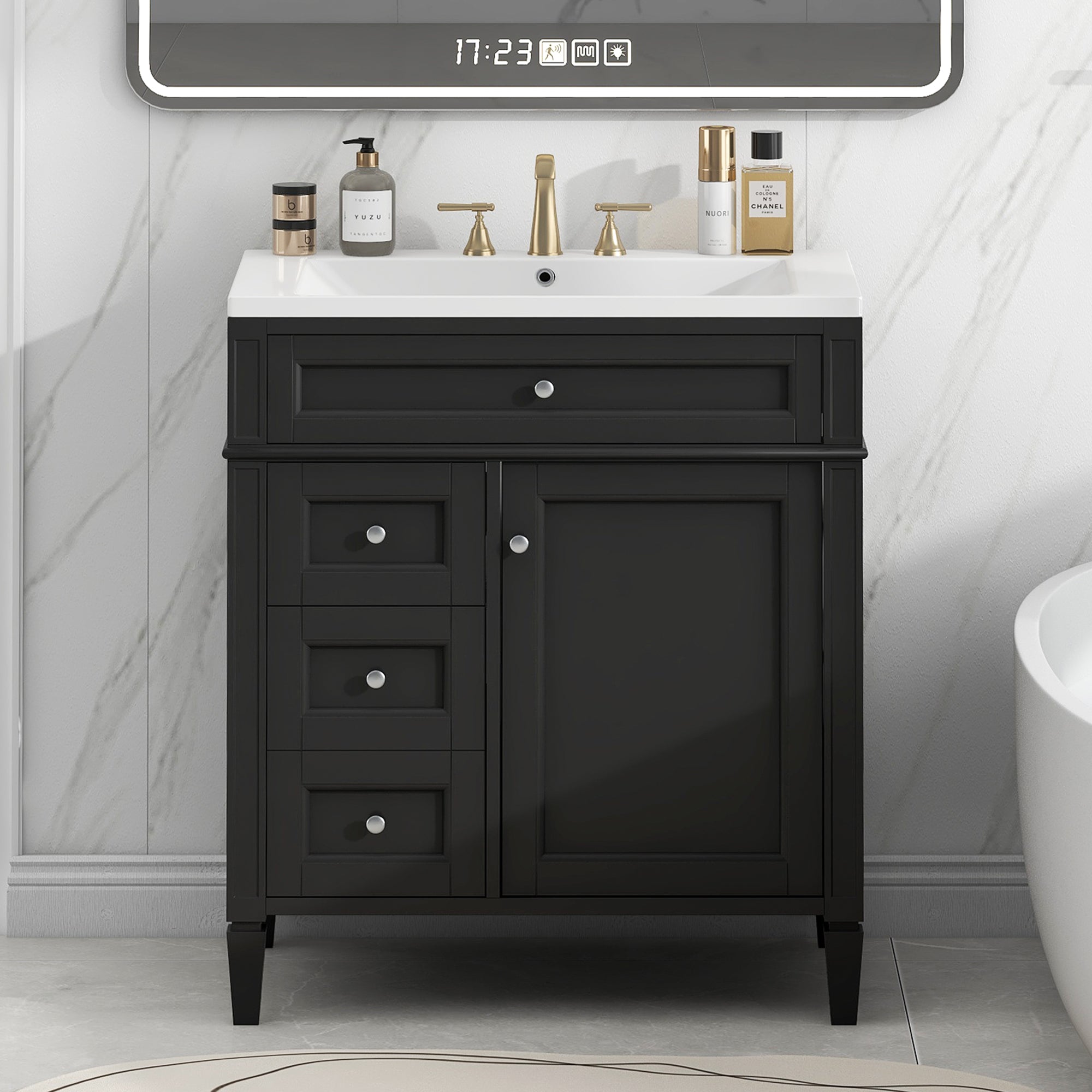 30'' Bathroom Vanity with Top Sink, Modern Bathroom Storage Cabinet with 2 Drawers and a Tip-out Drawer, Single Sink Bathroom Vanity