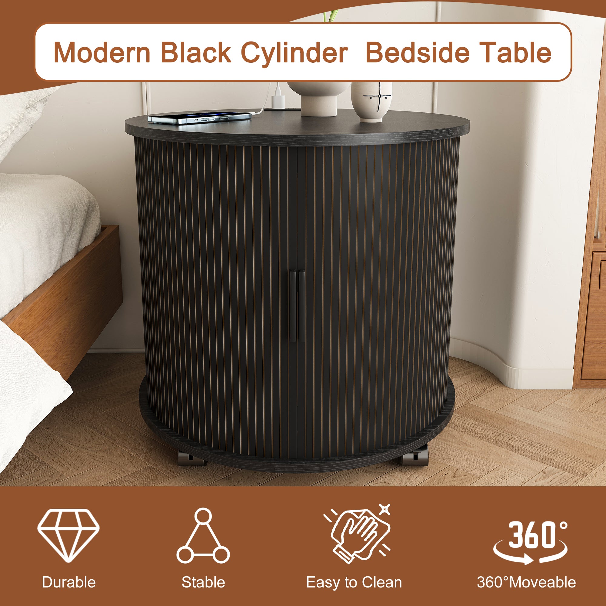 Black round bedside table styled in bedroom setting