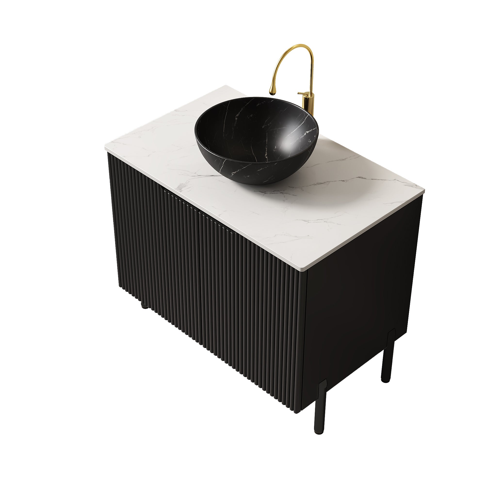 Black bowl ceramic basin with stone pattern on Carrara white countertop, close-up
