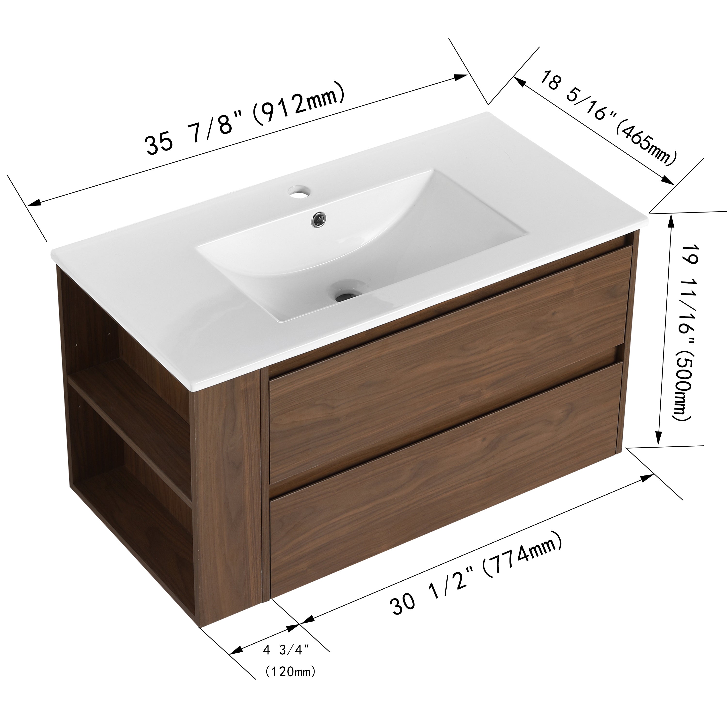 36" Wall Mounting Bathroom Vanity With Ceramic Sink, Soft Close Drawer