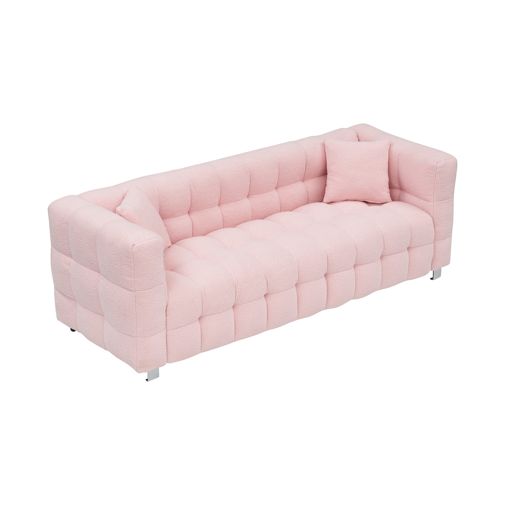 Stylish Addition: Pink Teddy Fleece Sofa - 80 Inch, Perfect for Living Room or Bedroom, Complete with Two Throw Pillows and Sturdy Hardware Foot Support