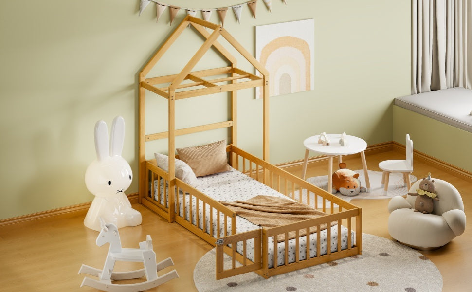 Wooden Floor Bed with Fence Railings and Detachable House Shape Headboard, Twin Size Bed with Kids Dress Up Rack, Kids Montessori Style Playhouse Frame for Girls Boys, Natural