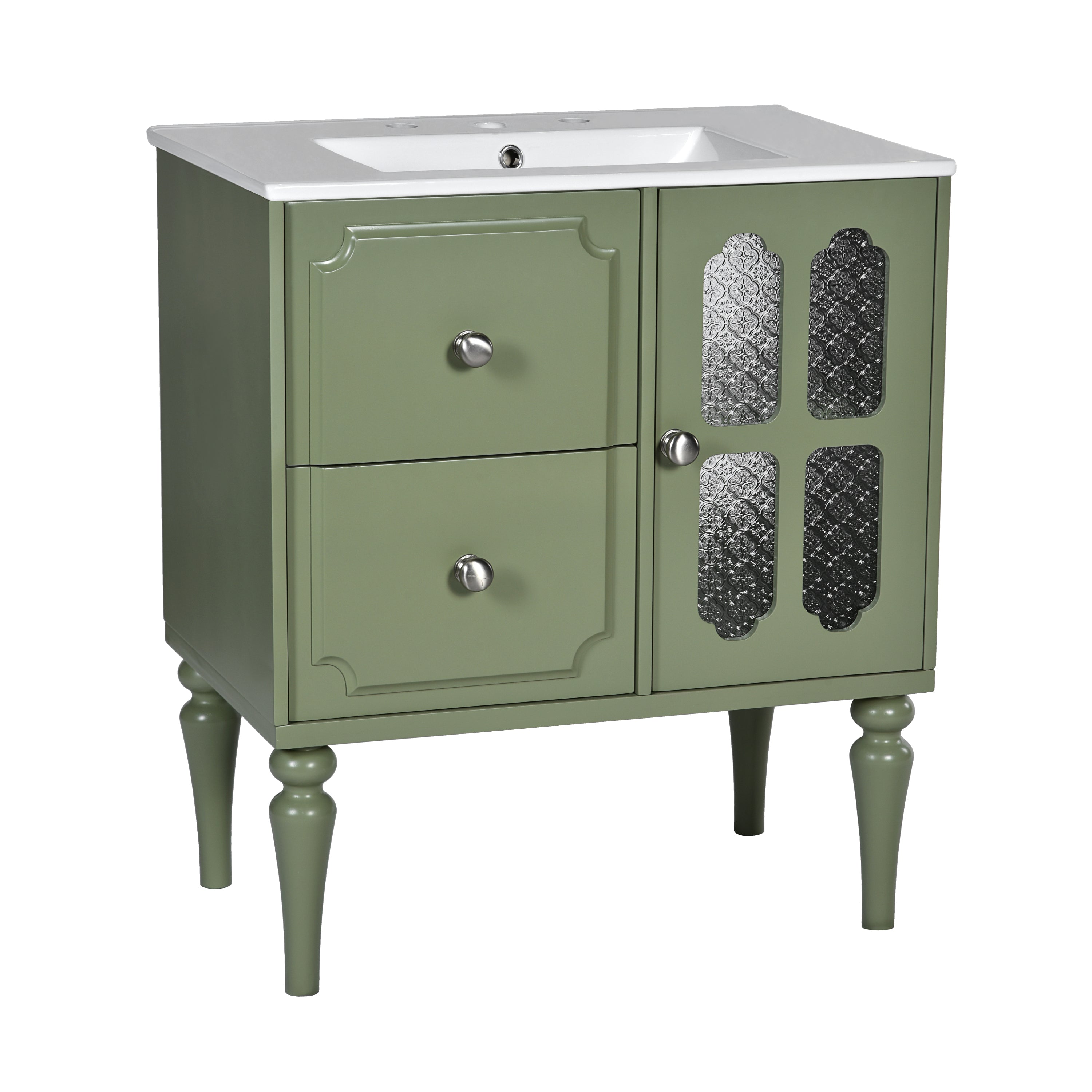 Retro Style 30'' Bathroom Vanity with Ceramic Sink Combo, Freestanding Single Vanity with 2 Drawers, Solid Wood Frame Bathroom Storage Cabinet, Green