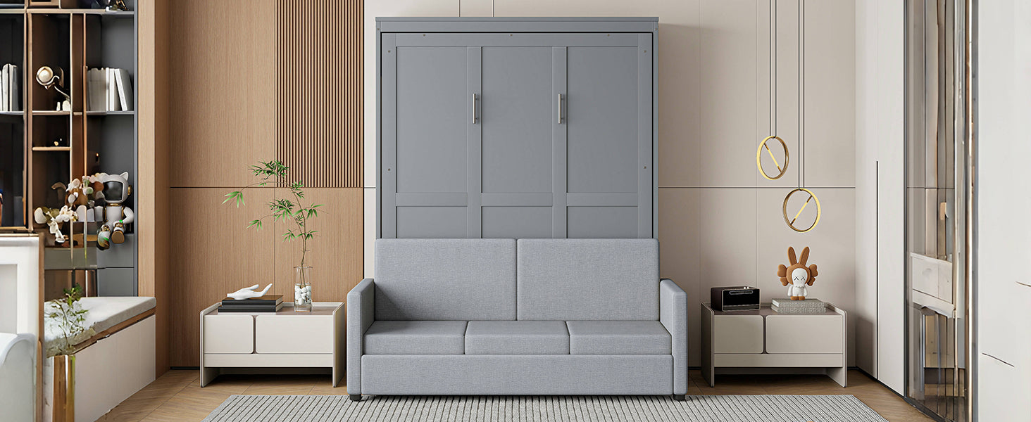 Full Size Murphy Bed Wall Bed with Cushion,Gray