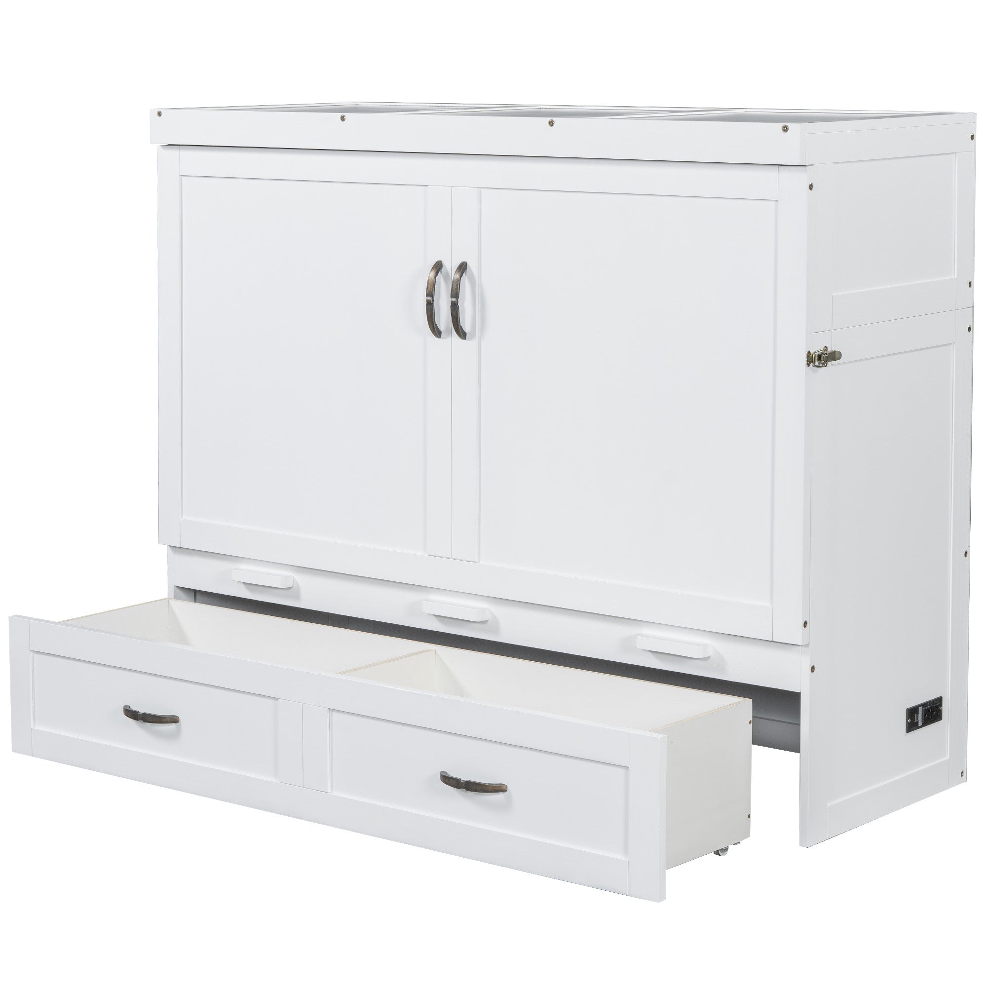 Queen  Size Murphy Bed with USB Ports, Large Drawers and Metal Handles, White