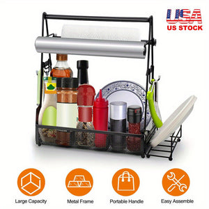 Metal Utensil Grill Caddy Holder BBQ Condiments Storage w/ Paper Towel Holder for Outdoor and Indoor