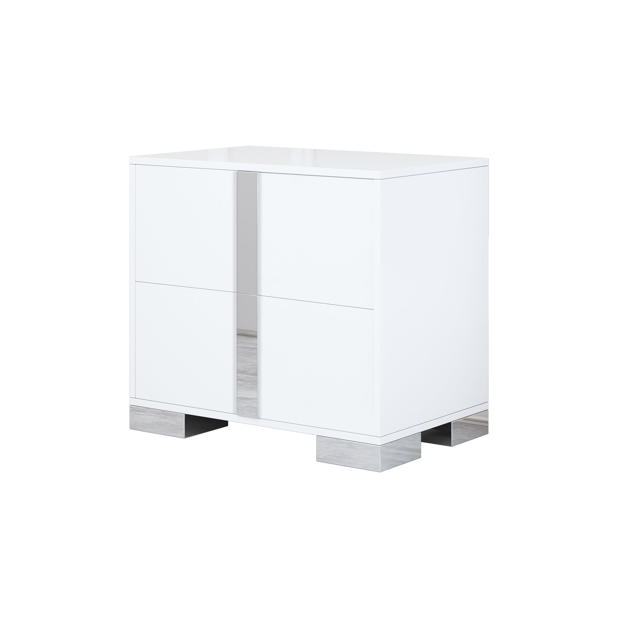 White mirrored bedside table, side profile view