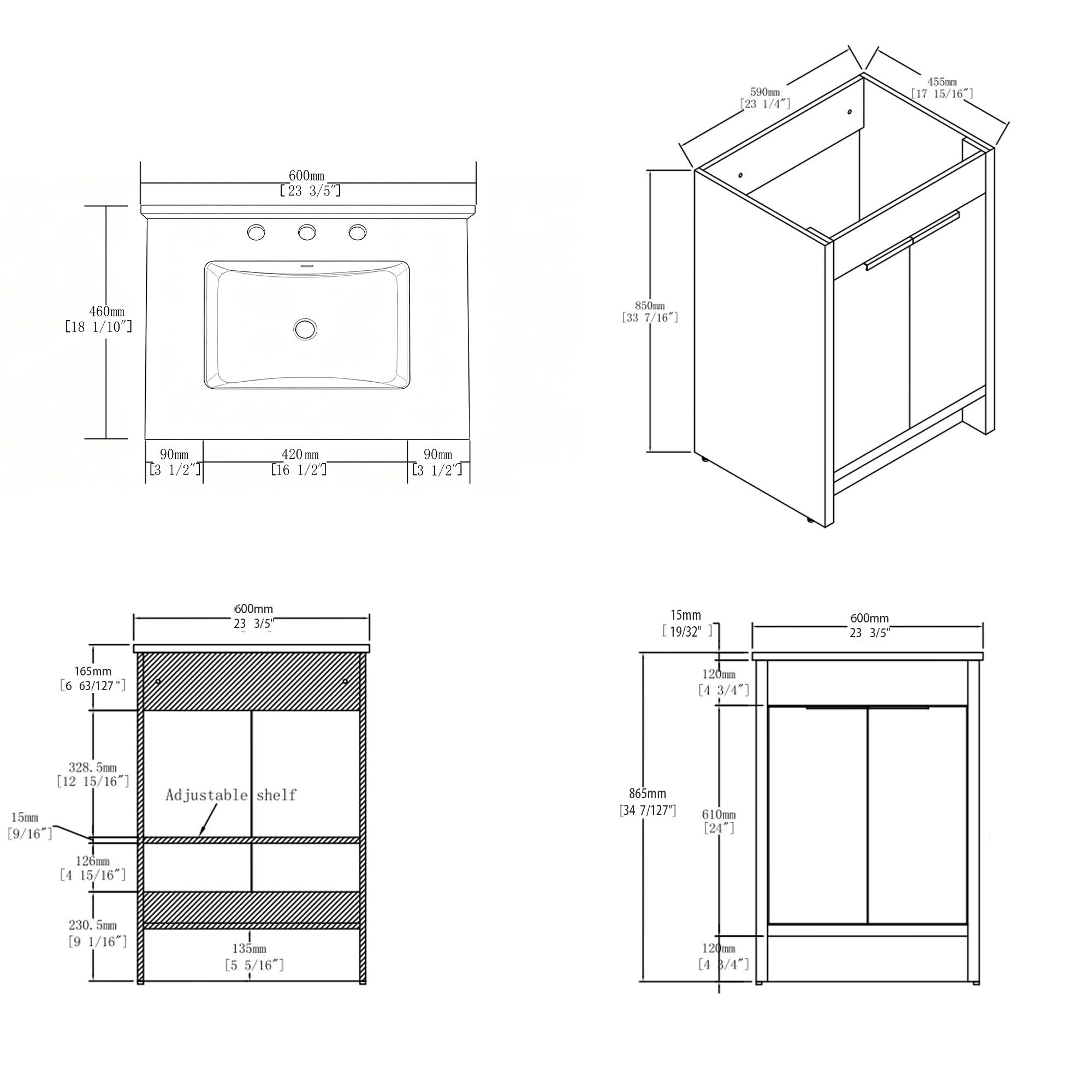 24 inch oak bathroom vanity with white cultured marble backsplash, detail view