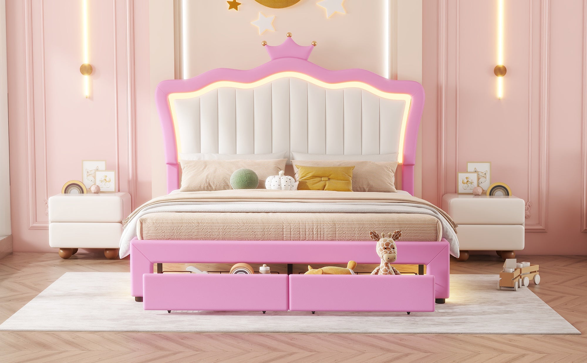 Full Size Upholstered Bed Frame with LED Lights, Modern Upholstered Princess Bed with Crown Headboard, 2 Drawers, Pink+White