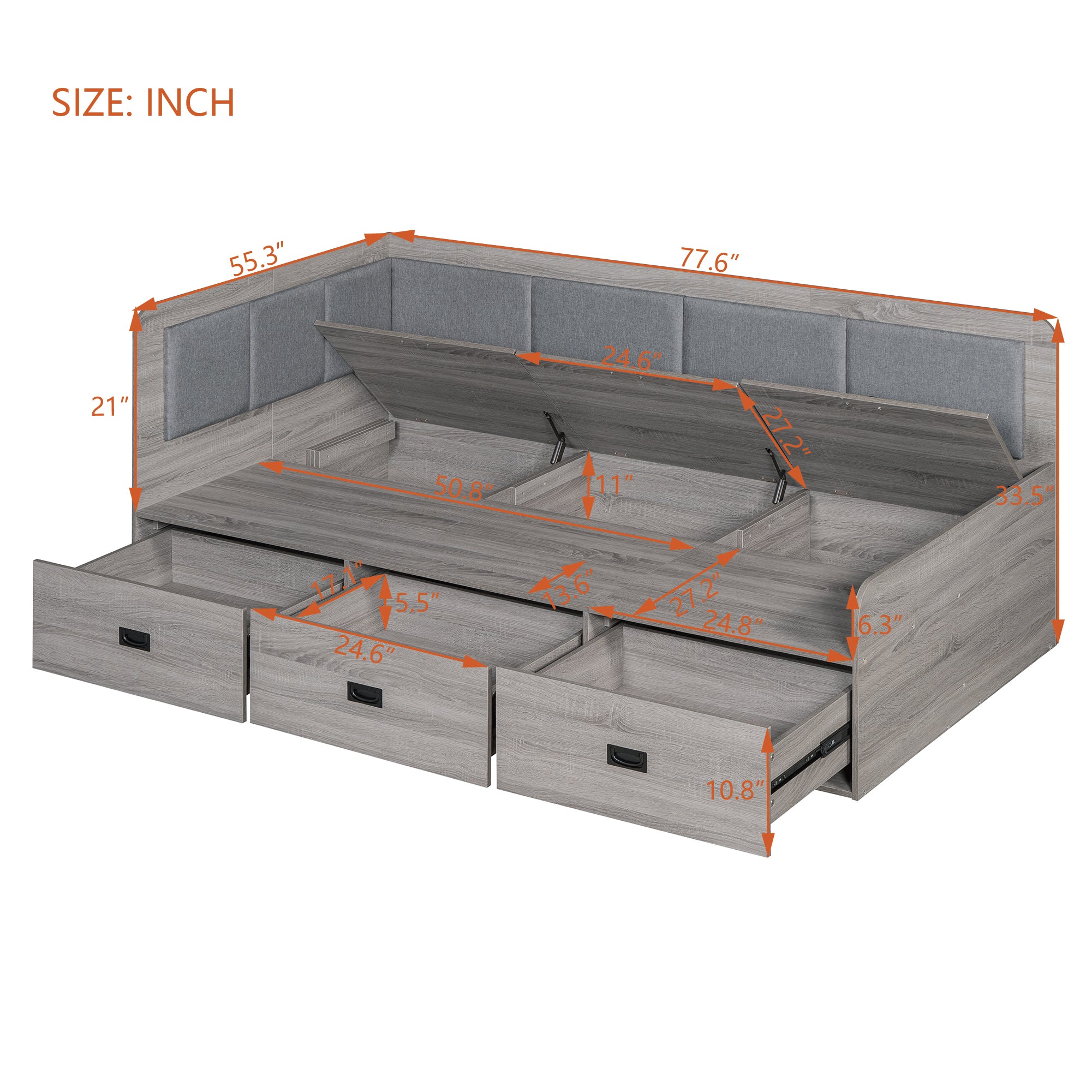 Full Size Daybed with Three Drawers and Three Storage Compartments, Gray