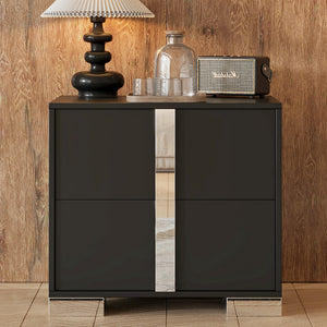 Black mirrored 2-drawer nightstand with metal feet, front view