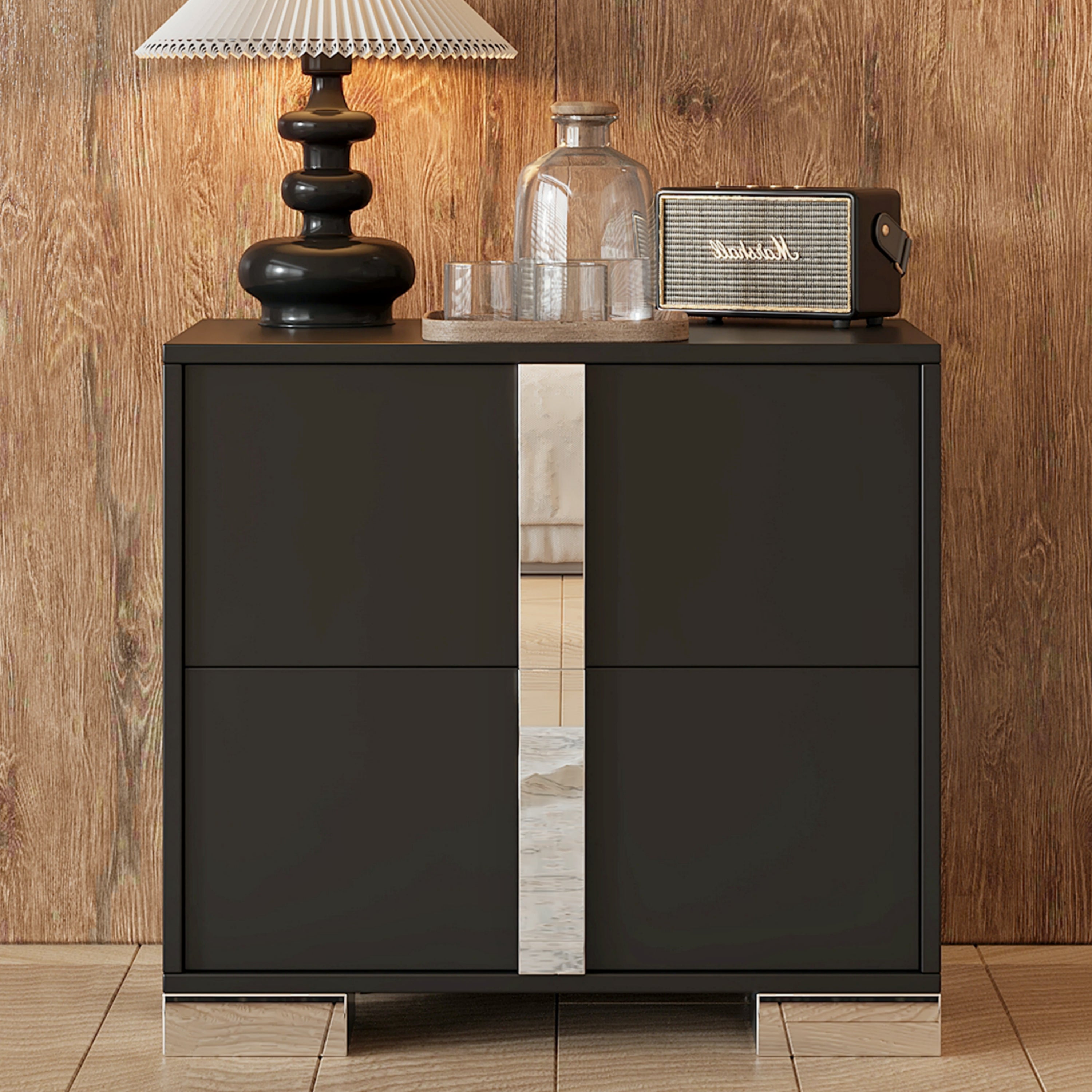 Black mirrored 2-drawer nightstand with metal feet, front view