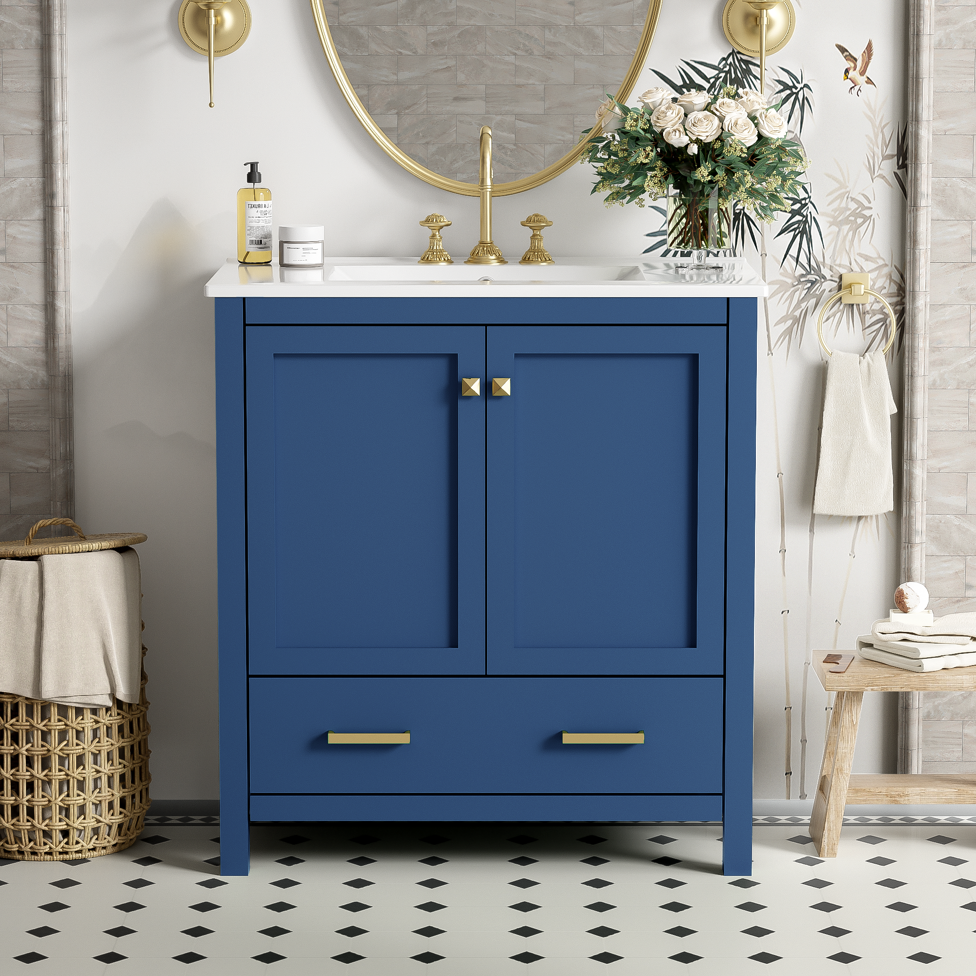 30" Blue Bathroom Vanity with Single Sink, Combo Cabinet Undermount Sink, Bathroom Storage Cabinet with 2 Doors and a Drawer, Soft Closing, Multifunctional Storage, Solid Wood Frame